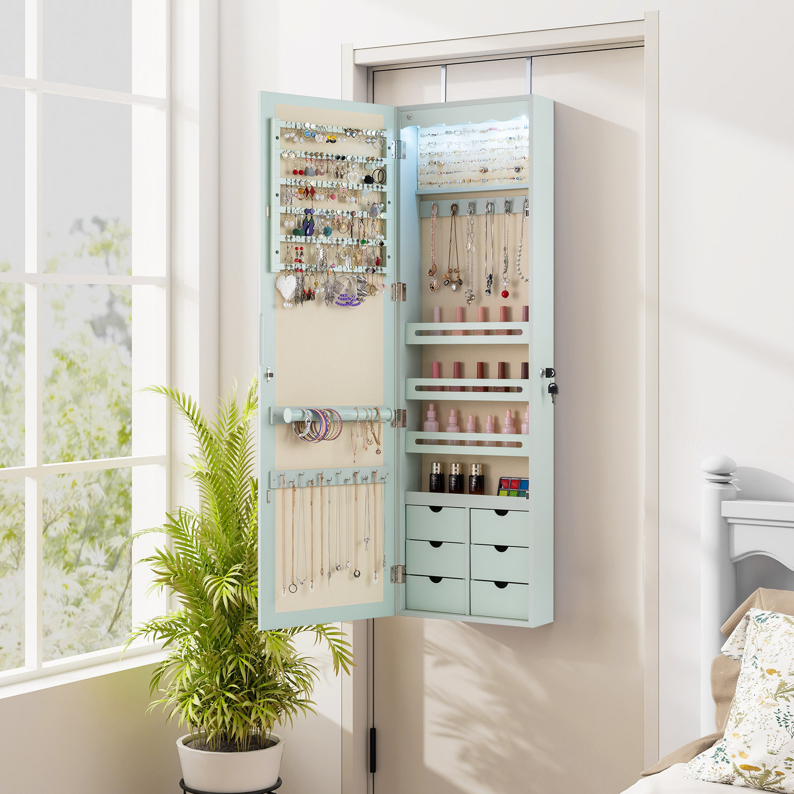 Schmuckschrank mit LED Abschließbarer Wand-/Türschmuckschrank mit Spiegel & 6 Schubläden Grün