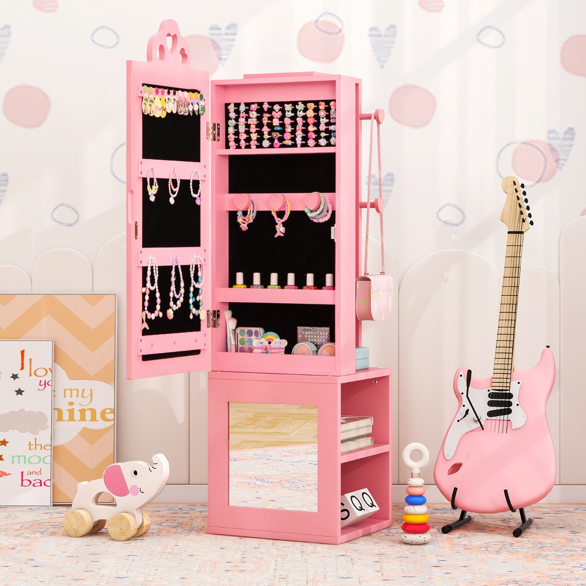 3 in 1 Spiegelschrank mit Ganzkörperspiegel & Kleiderständer Kinder Schmuckschrank Rosa