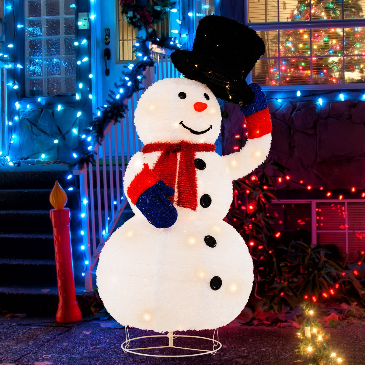 Beleuchteter LED Schneemann 130cm großer Weihnachtsfigur mit schwarzem Hut