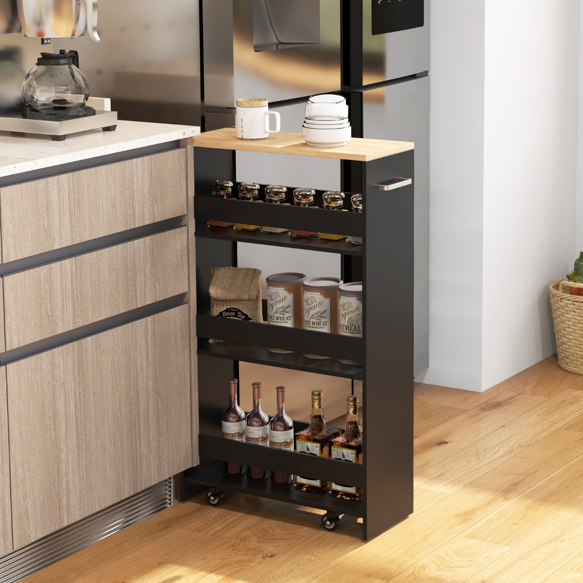 Nischenwagen 20cm breit 4 Etagen Küchenwagen schmal Nischenregal auf Rollen 47,5 x 20 x 80,5 cm Schwarz