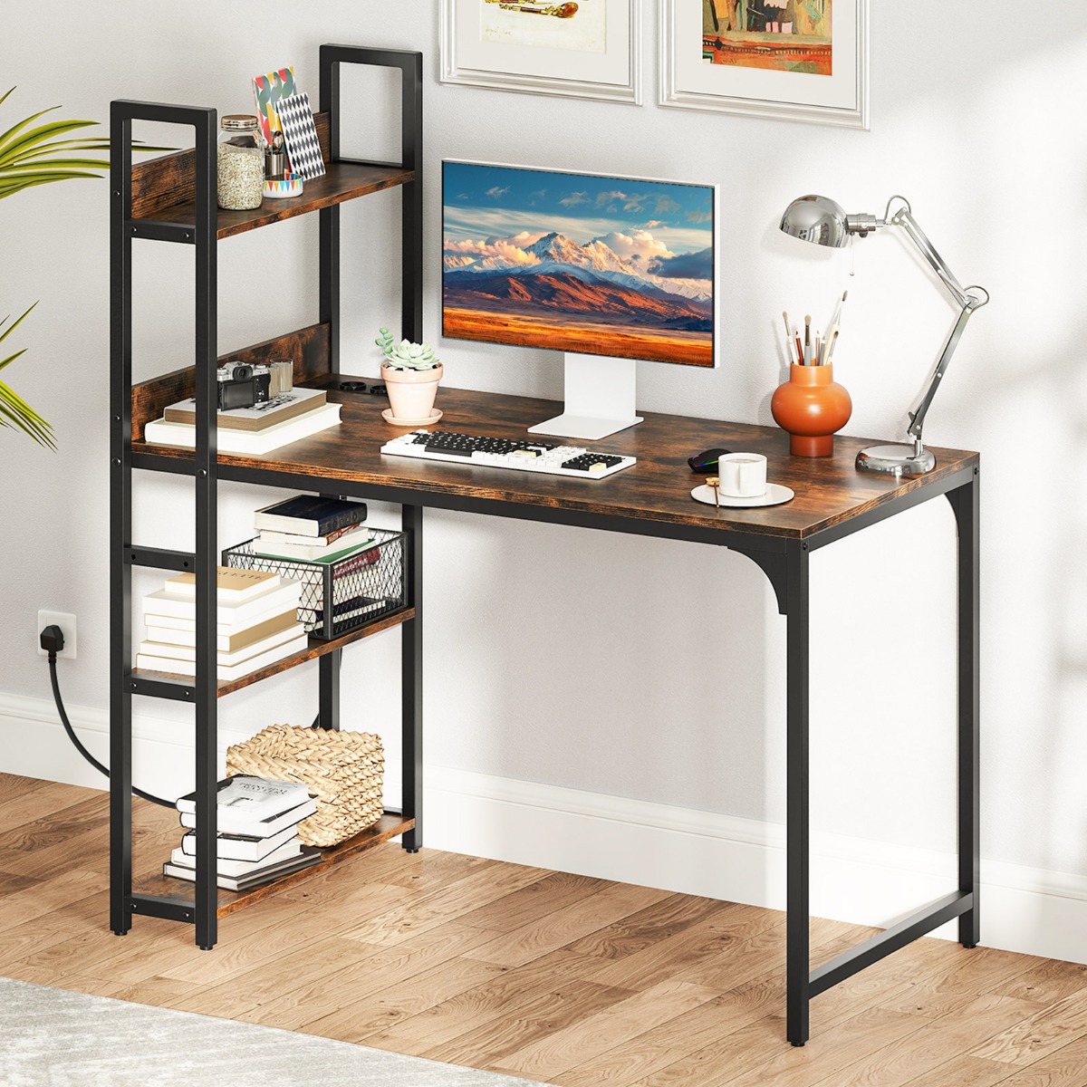 Schreibtisch mit Ladestation & Offenem Bücherregal Computertisch Bürotisch PC Tisch Braun