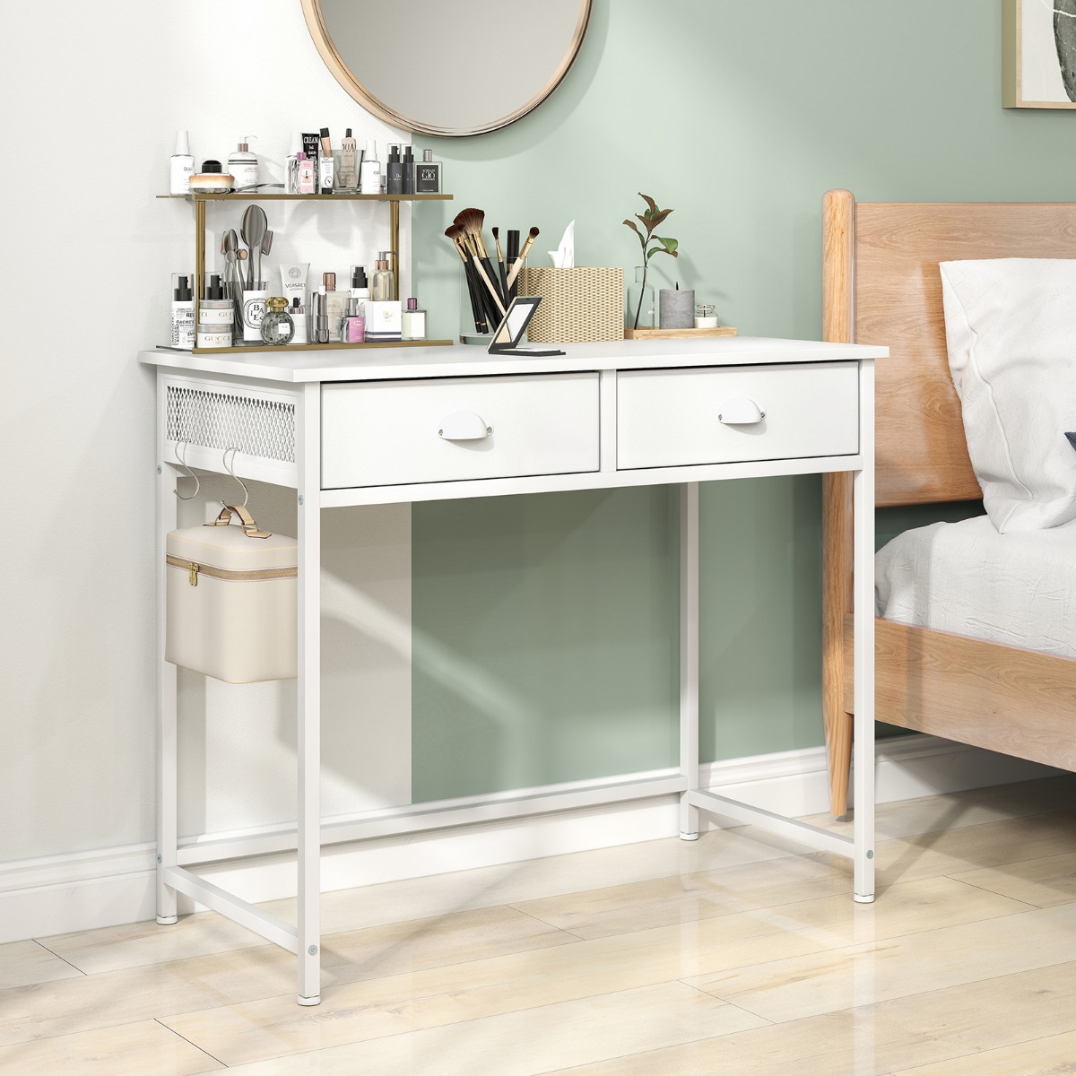 Kleiner Schreibtisch Computertisch mit 2 Stoffschublade 4 Haken & Metallrahmen Bürotisch aus Holz modern Weiß