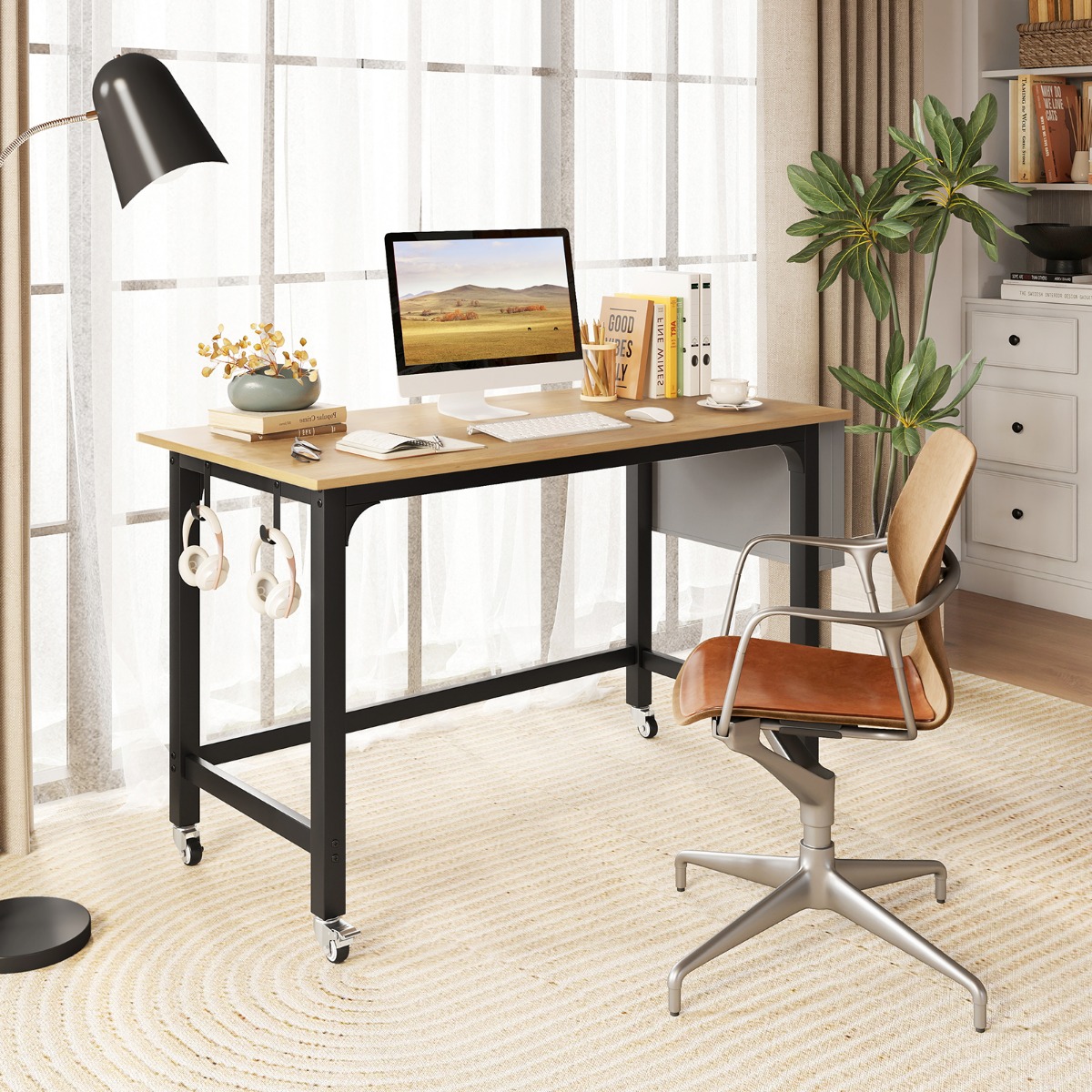 Schreibtisch mit Rollen Computertisch mit Abnehmbarer Stofftasche und Kopfhörerhaken 120 x 60 x 75 cm Holz