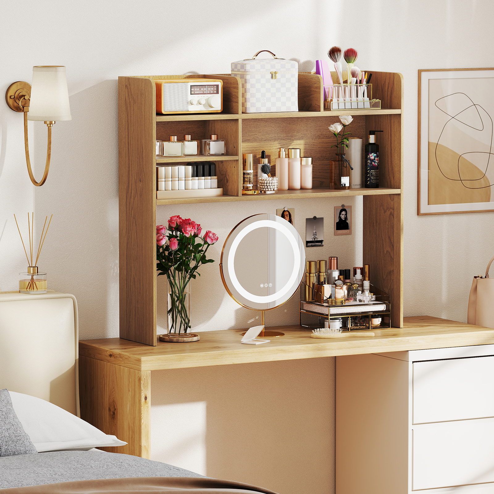 Schreibtisch Aufsatzregal Arbeitsplatten-Aufbewahrungsaufsatz mit 6 Regalen 3-stufiges Tischregal Rustikal Natur