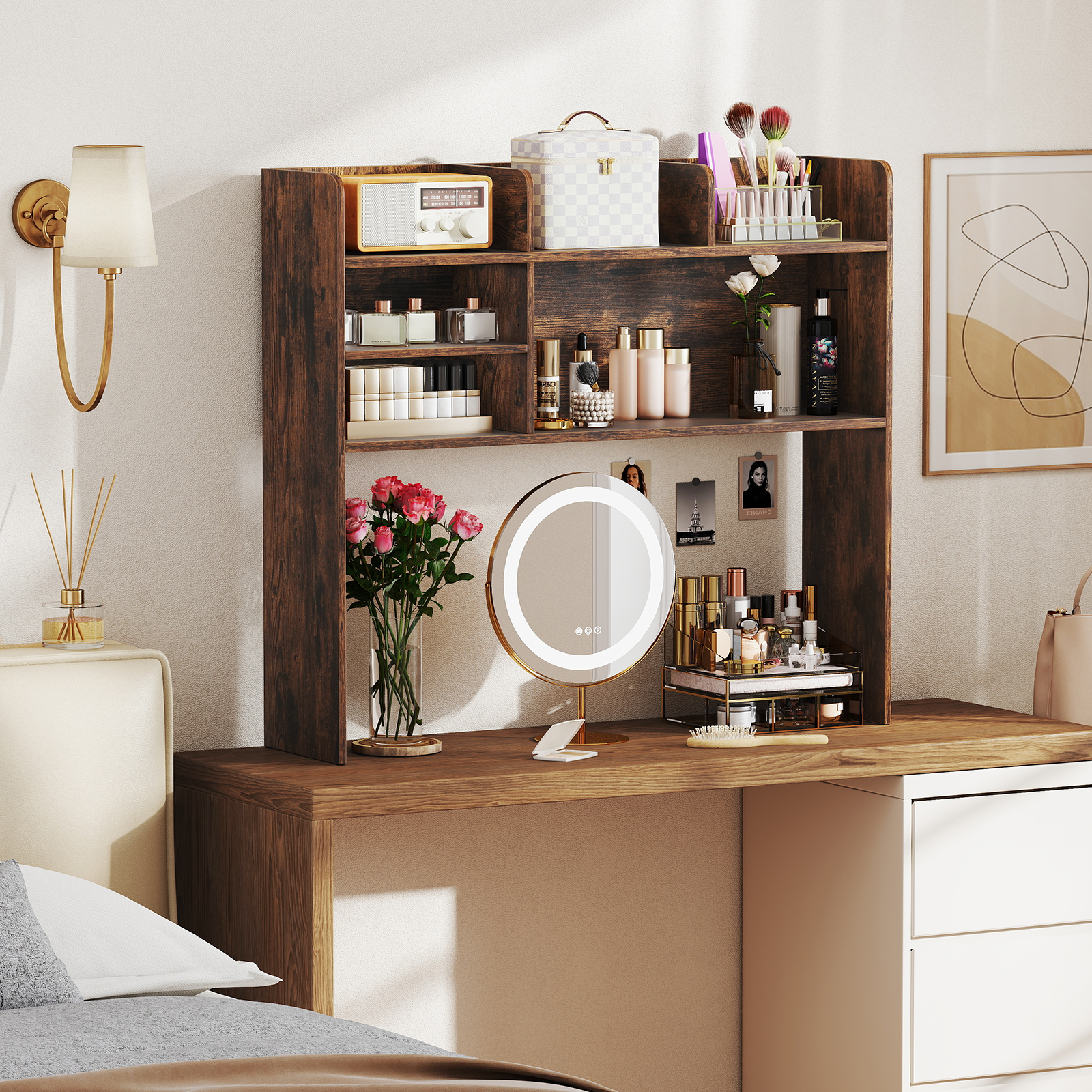 Schreibtisch Aufsatzregal Arbeitsplatten-Aufbewahrungsaufsatz mit 6 Regalen 3-stufiges Tischregal Rustikal Braun