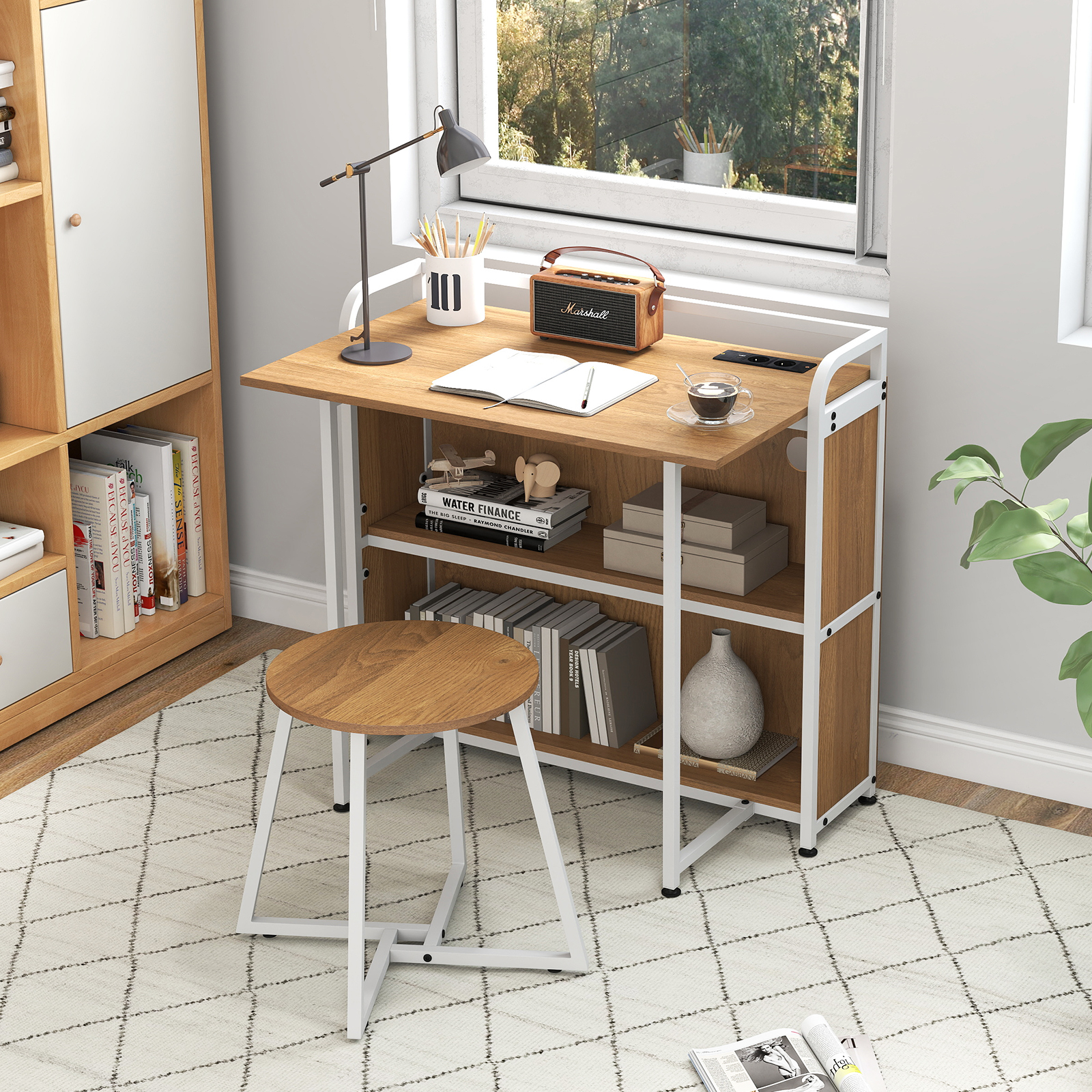 Schreibtisch klappbar mit Steckdose Klapptisch mit Hocker Computertisch mit Regalen & Metallrahmen 90 x 55 x 83 cm Natur
