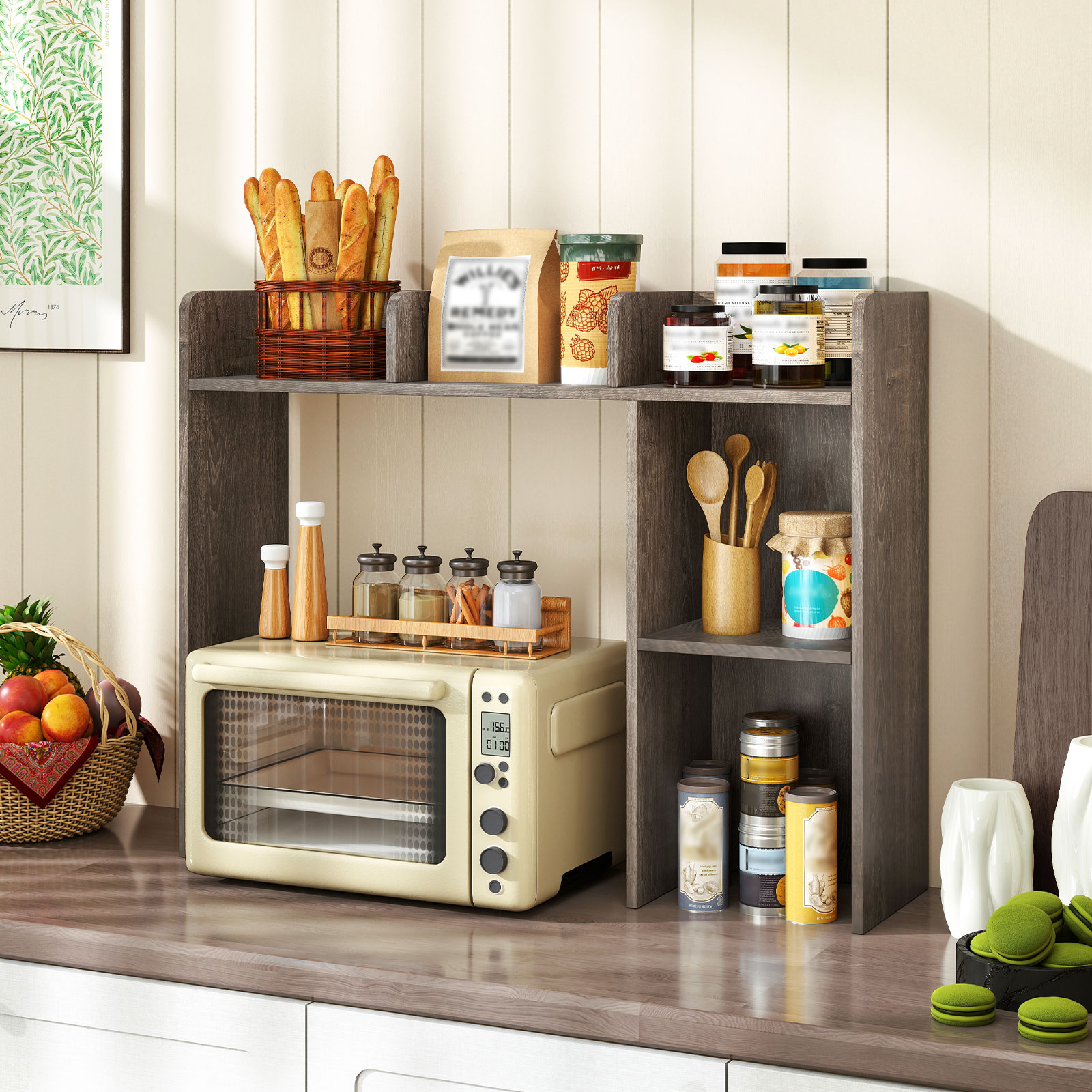 Schreibtischregal Mehrzweck-Tischregal aus Holz mit 4 Ablagen und offenem Fach auf der Rückseite Grau