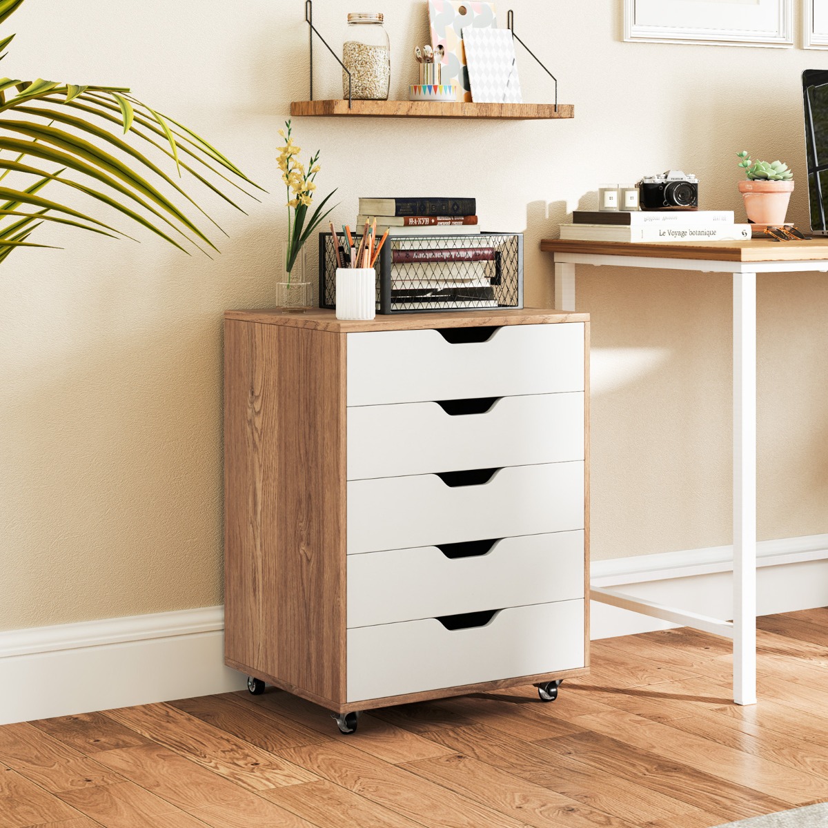 Rollcontainer mit 5 Schubladen Mobiler Aktenschrank mit Rädern 48 x 39,5 x 65,5 cm Natur