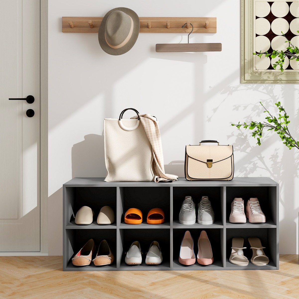 Schuhbank mit Sitzfläche Schuhregal aus Holz 230 kg Belastbar Bücherschrank 102 x 30 x 41 cm Grau