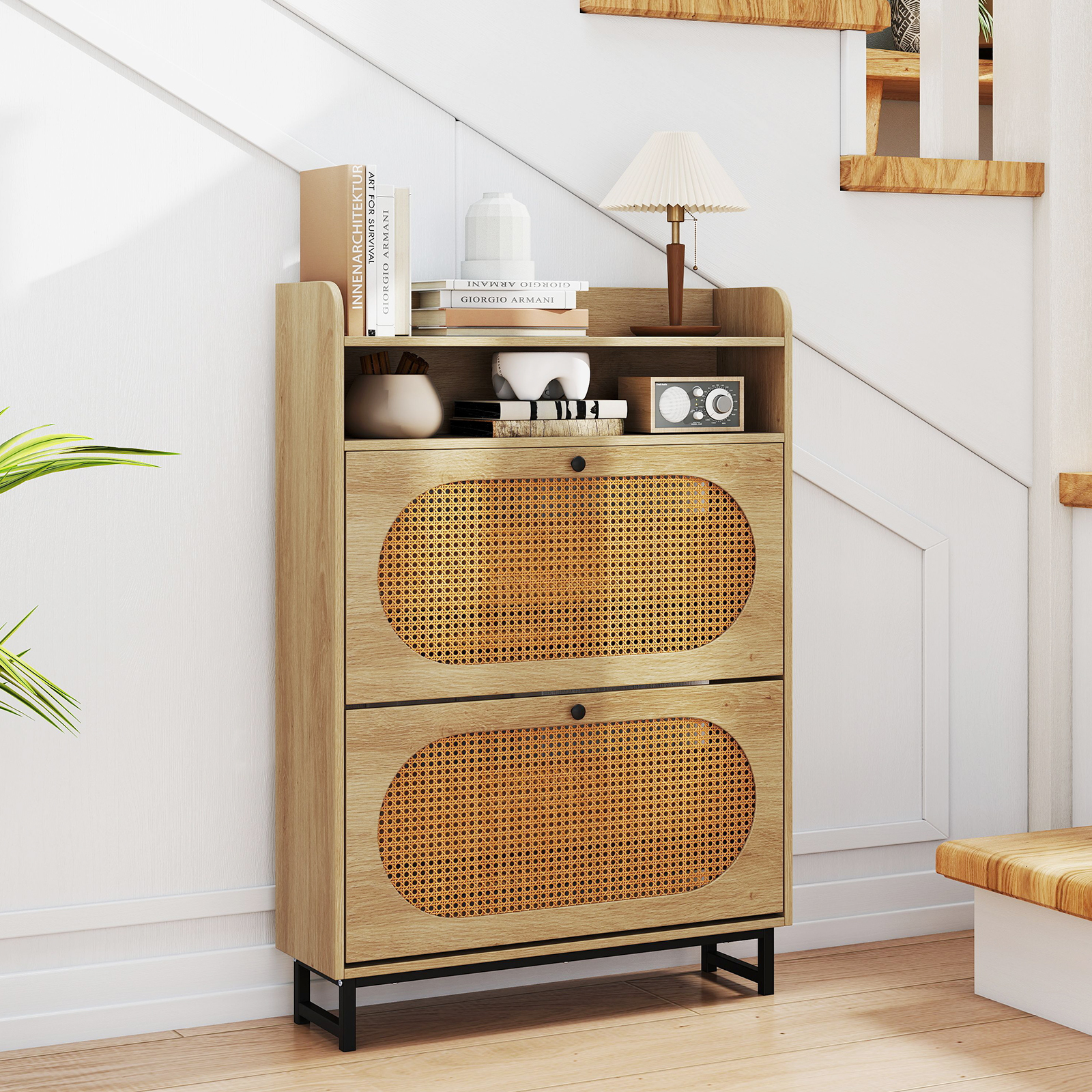 Schuhschrank mit 2 Klappschubladen freistehender Schuhorganisator mit Rattantüren und Metallbeinen Natur