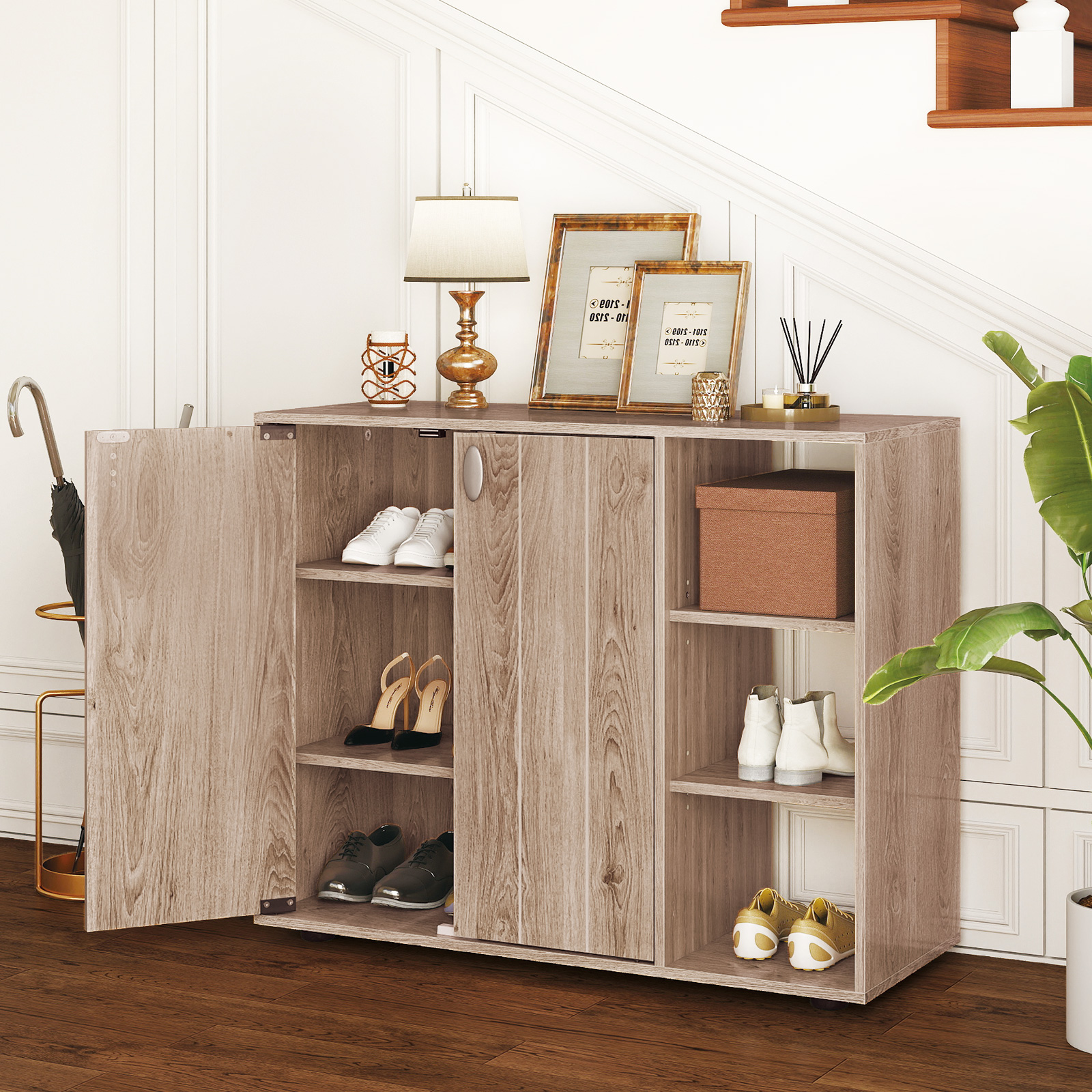 Schuhschrank mit 2 Türen & Verstellbaren Offenen Regalen Schuhregal Schuhkommode Natur