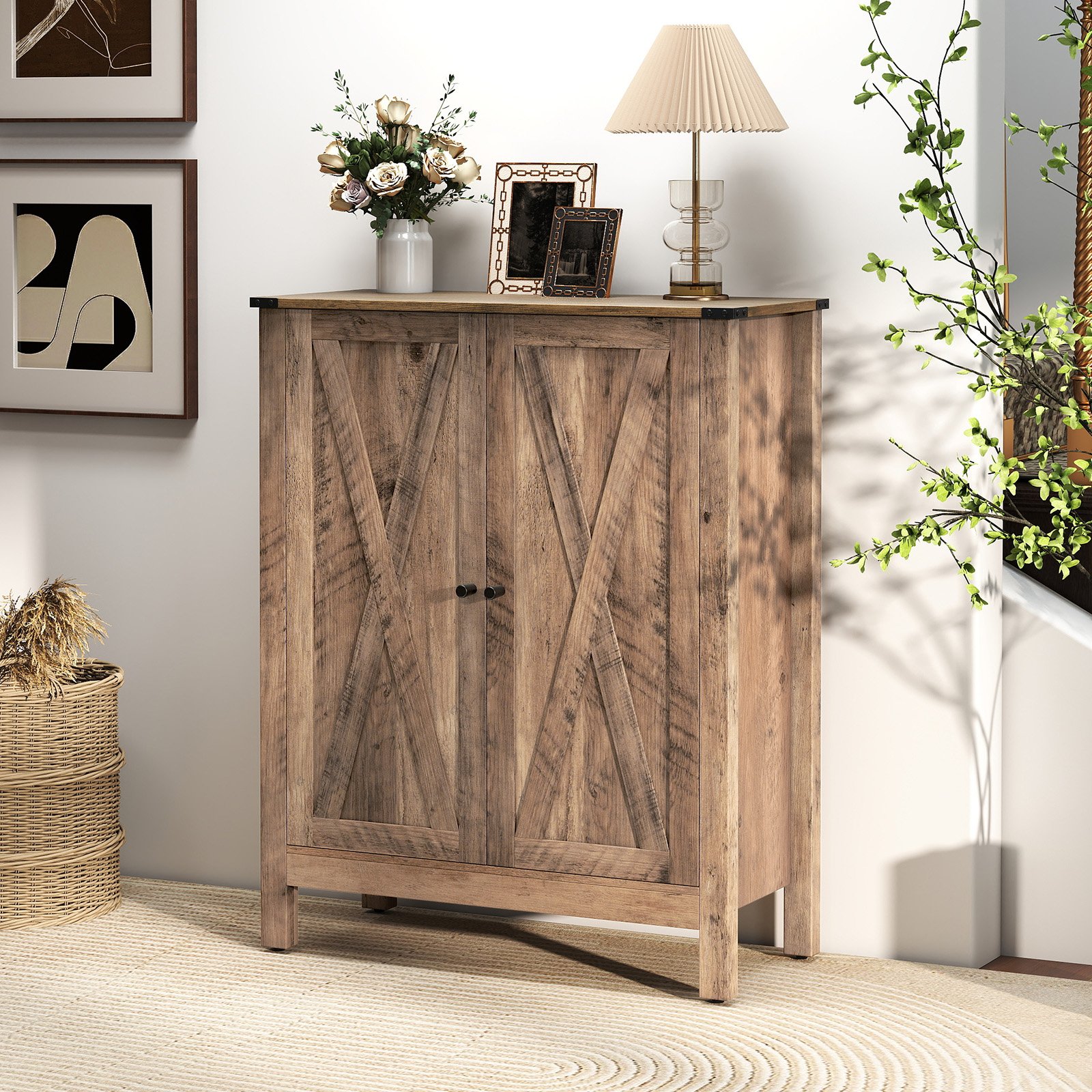 Schuhschrank mit Türen & 6-stufige Verstellbaren Regalen Schuhkommode im Landhausstil Grau