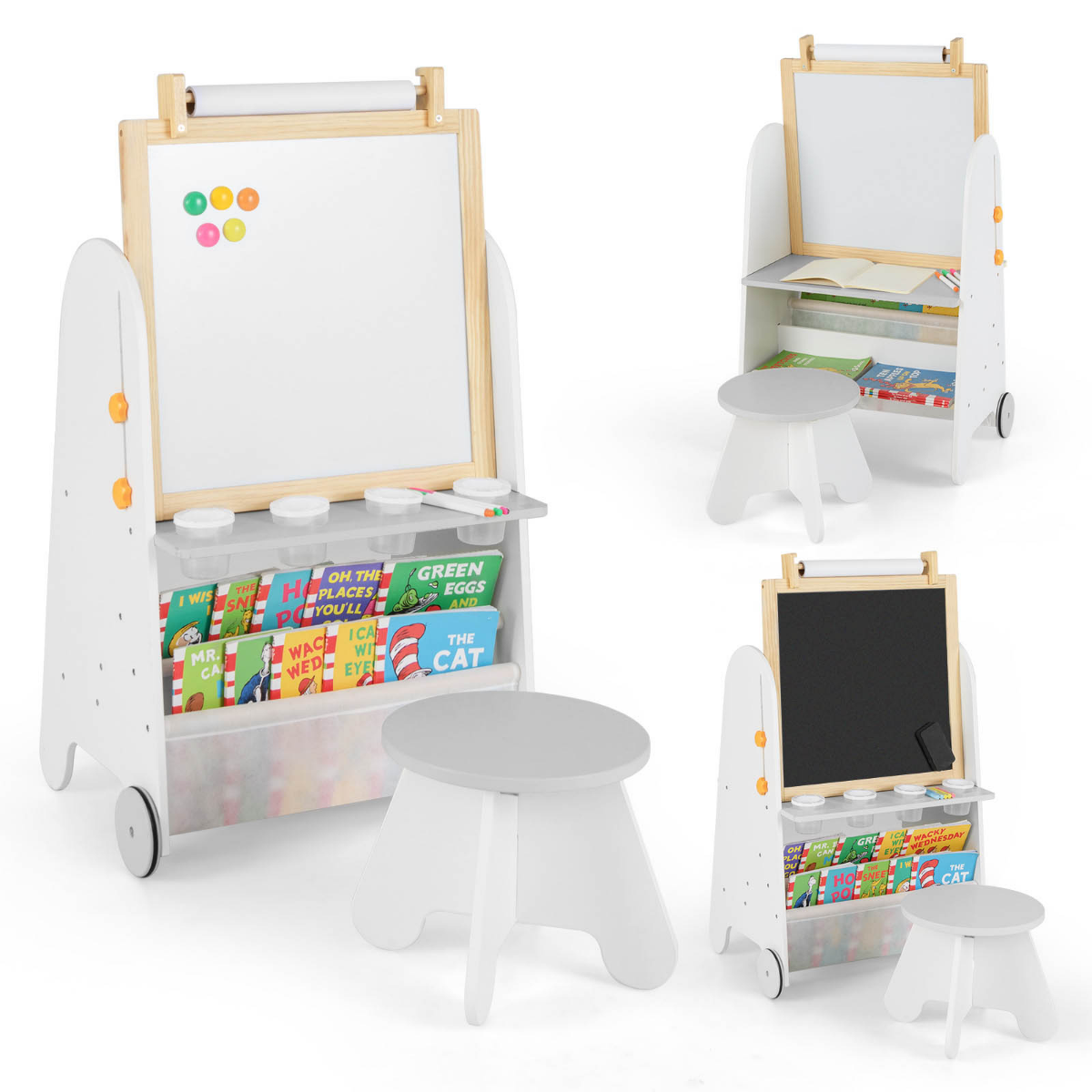Kinder Staffelei mit Hocker 4-in-1 Kindertafel mit Magnettafel Schultafel Weiß