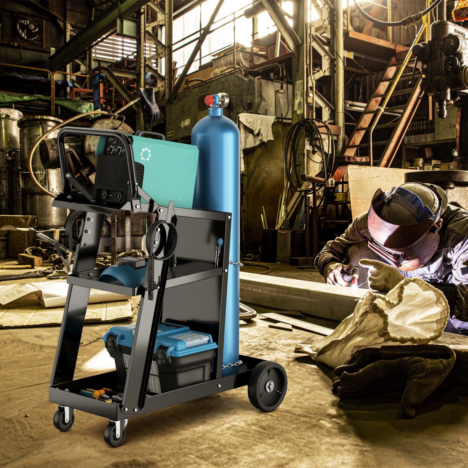 Schweißwagen mit 3 Ablageflächen Schweißmobil Wagen für Schweßgeräte Schweißgerätwagen mit Kippschutzketten Schwarz