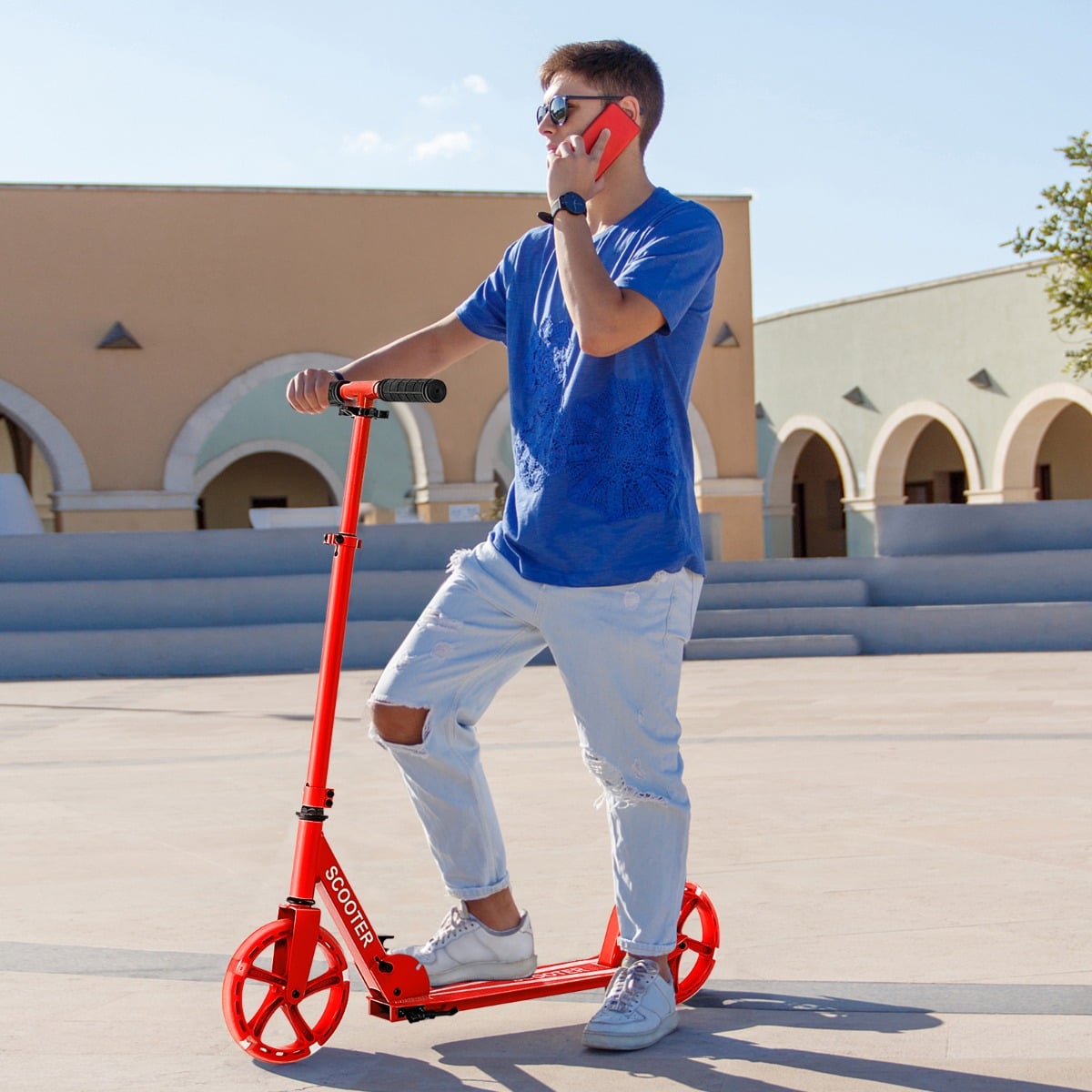 Klappbarer Scooter mit 100kg Tragkraft & 2 LED Räder Höhenverstellbarer Roller Tretroller Rot