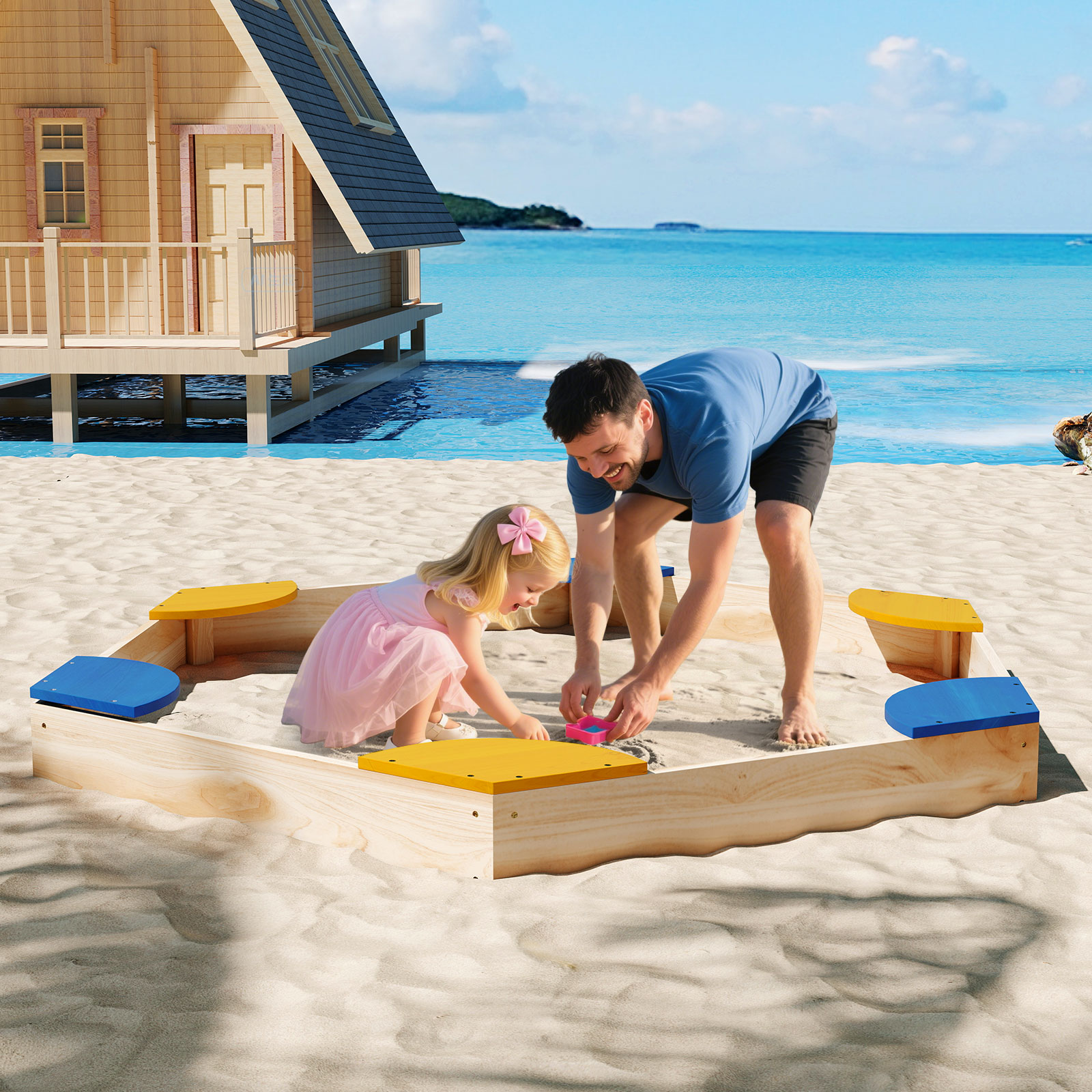 Sechseckiger Sandkasten aus Holz offener Sandkisten mit Pflanzkasten-Kombination 140 x 122 x 14 cm