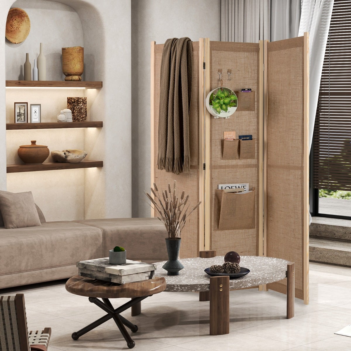 170 x 121 cm Paravent mit 2 Haken & 4 Aufbewahrungstaschen Raumteiler Trennwand