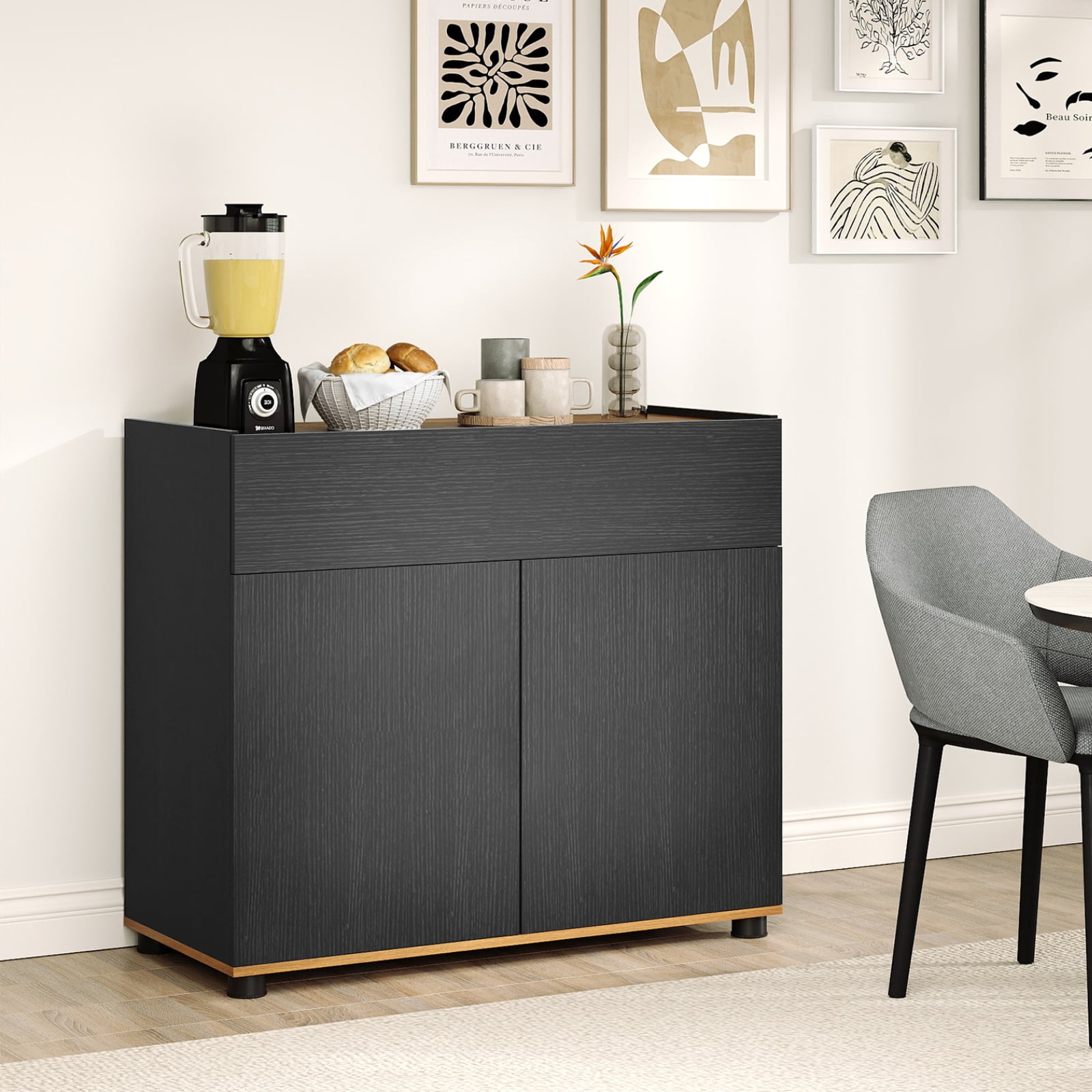 Sideboard Buffet-Schrank mit Stauraum Holz-Kaffeebar-Stationstisch mit 1 Schublade & 2 Türen Schwarz