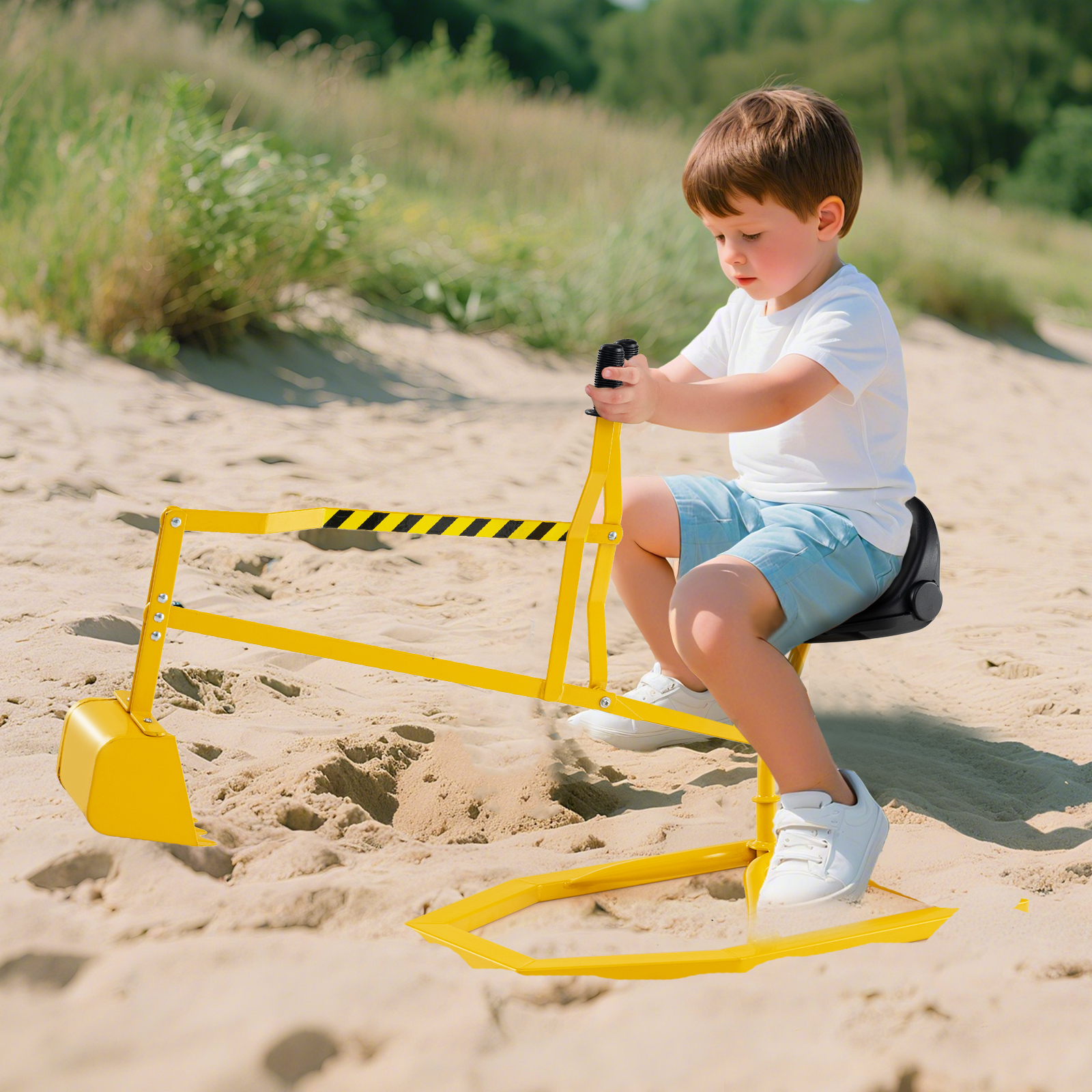 Sitzbagger 360° drehbar Bagger zum Draufsitzen Metall Bagger Sandkasten mit Schaufel Aufsitzbagger Gelb