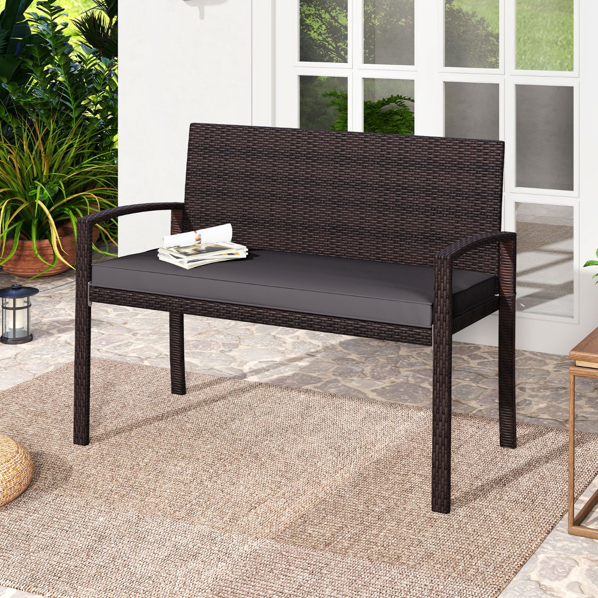 Polyrattan Gartenbank mit Sitzkissen Wetterfeste Balkontank bis 360 kg Belastbar Balkontank Grau