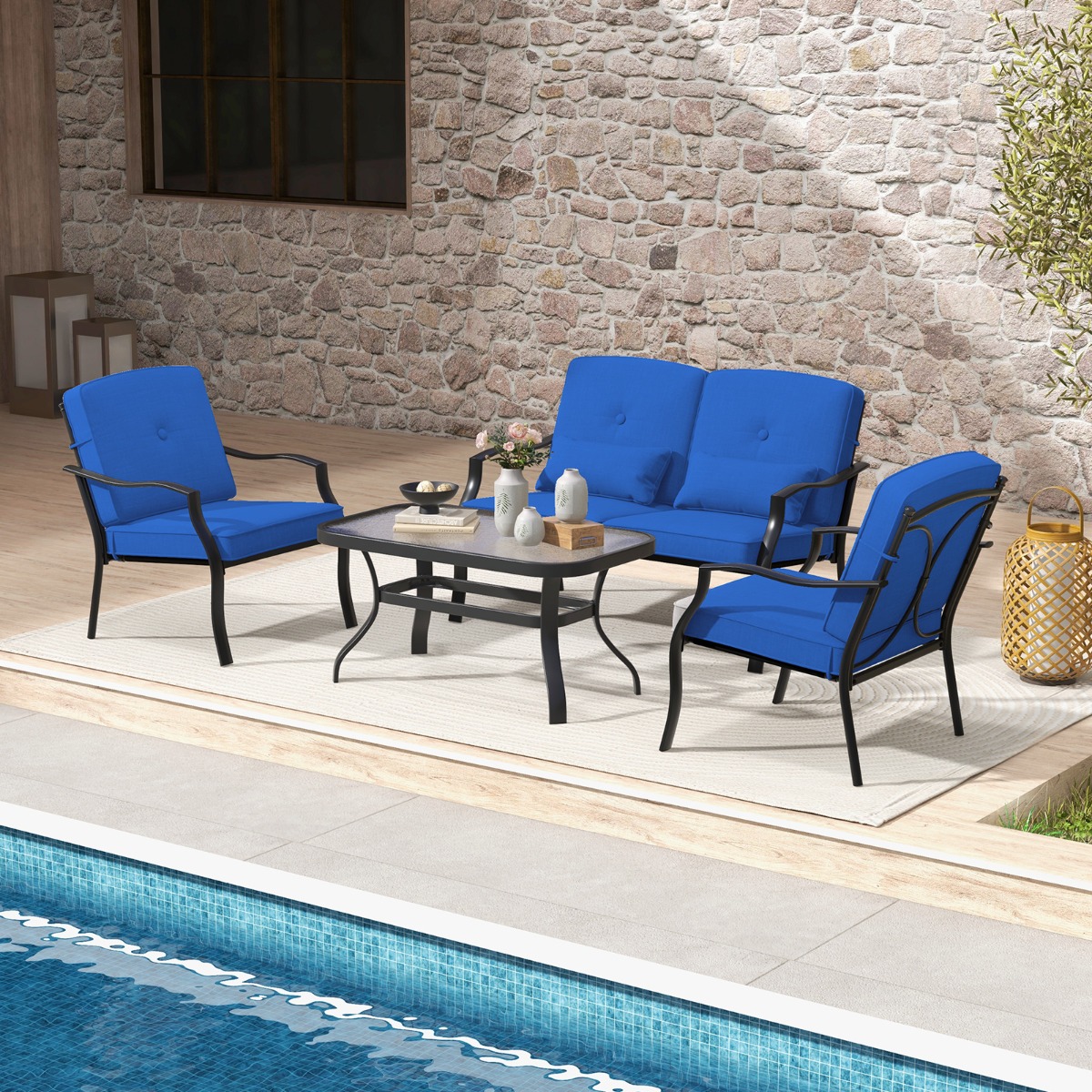 4-TLG. Gartenmöbel Set Terrassenmöbel mit Sitz- Rücken- & Taillenkissen Gartengarnitur Blau