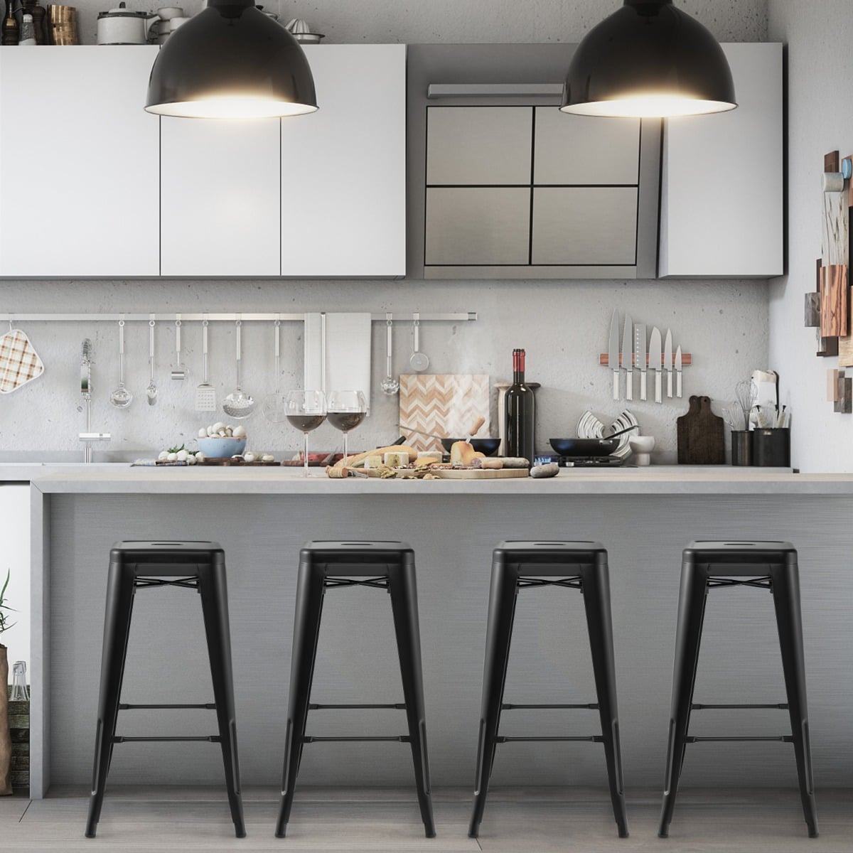 4er Set Barhocker mit Fußstütze Sitzhöhe 76cm bis 150kg Belastbar Stapelbare Tresenhocker Schwarz