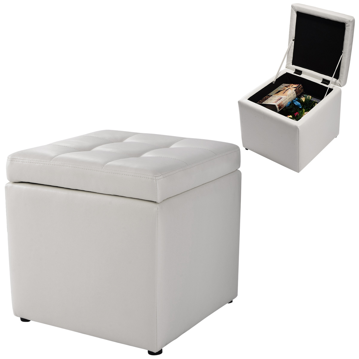 Sitzhocker aus Kunstleder mit Stauraum 300 Kg Traglast Polstersitz Weiß Lederhocker 40 x 40 x 40 cm