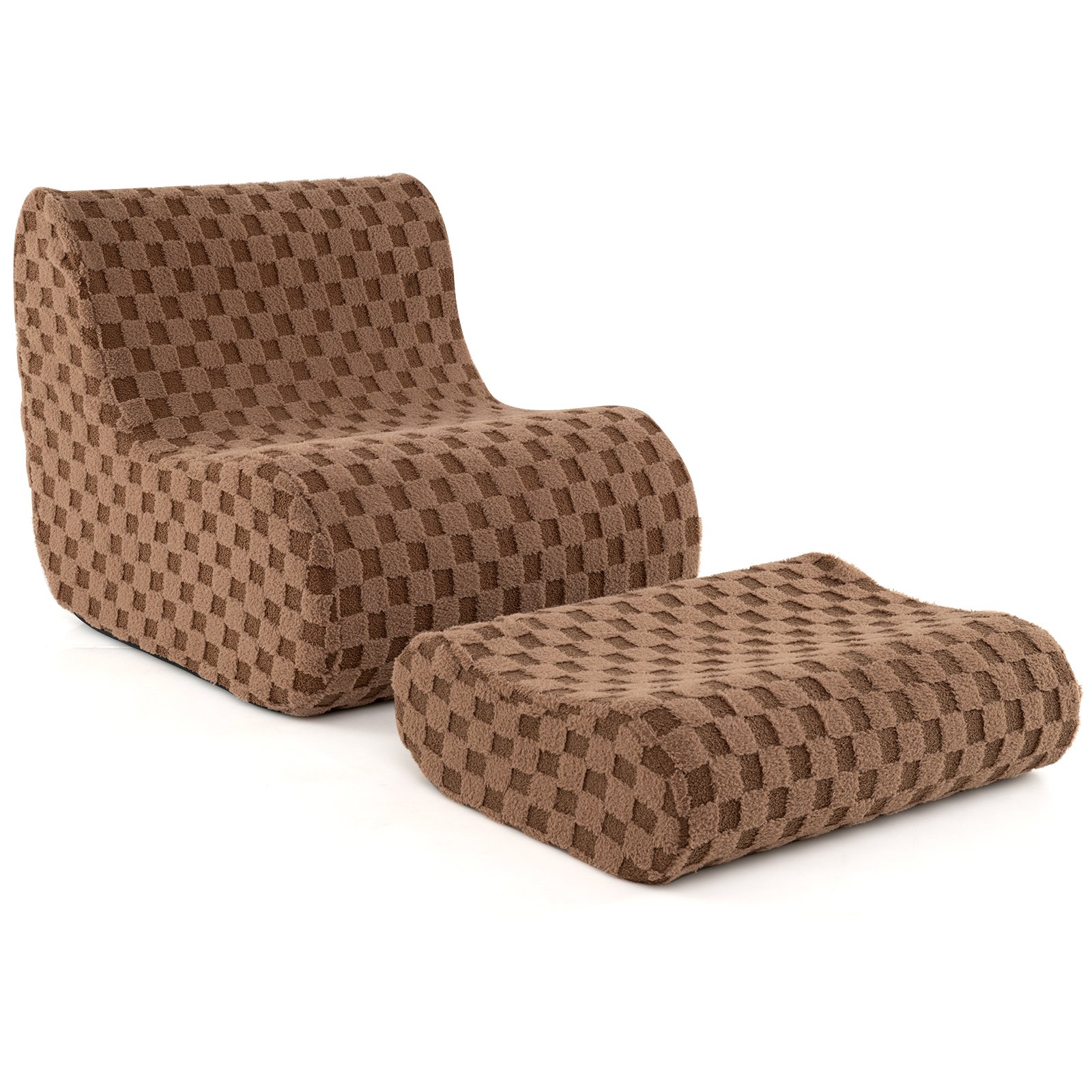 Sitzsack Sessel mit Hocker Sitzsack Erwachsene mit hoch elastischem Schwamm & Teddy-Samtbezug Bean Bag Chair, Bodenstuhl Boden Sessel Braun