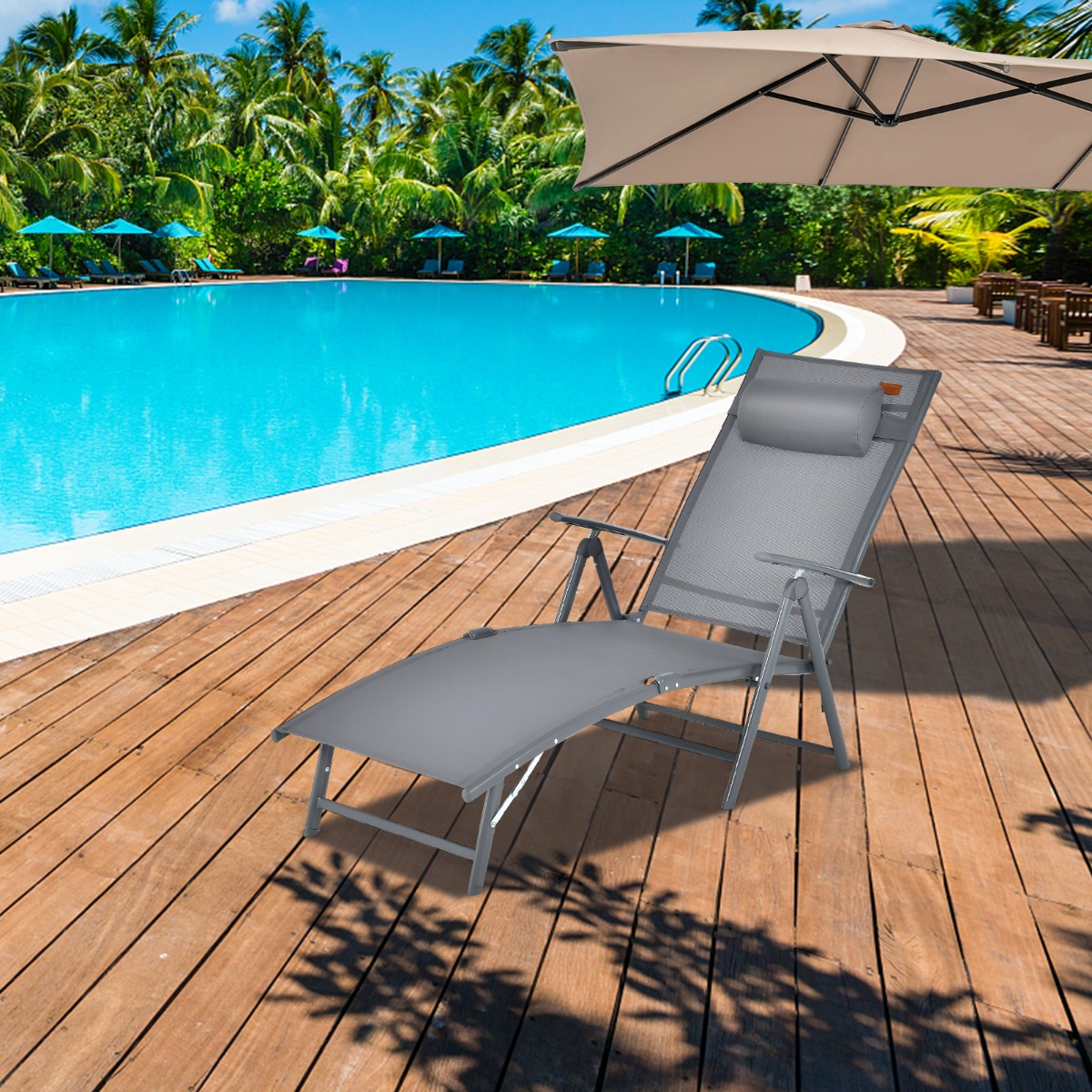 Sonnenliege Gartenliege mit Kopfstütze 7 Verstellbaren Rückenlehnen Grau