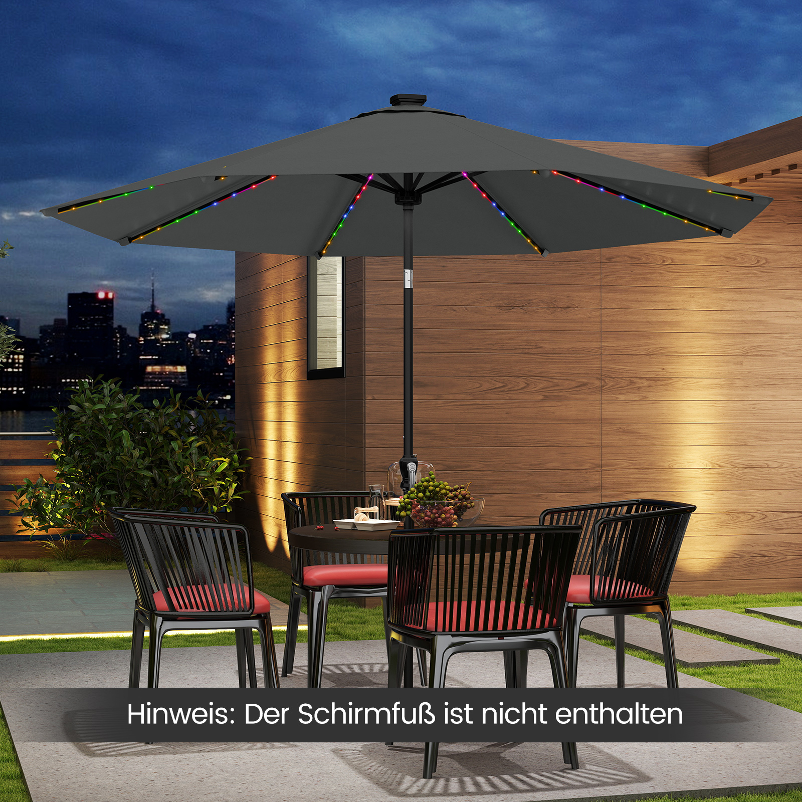 Sonnenschirm 300 cm mit LED-Solar-Beleuchtung 9 Beleuchtungsmodi Gartenschirm mit Kurbel Grau