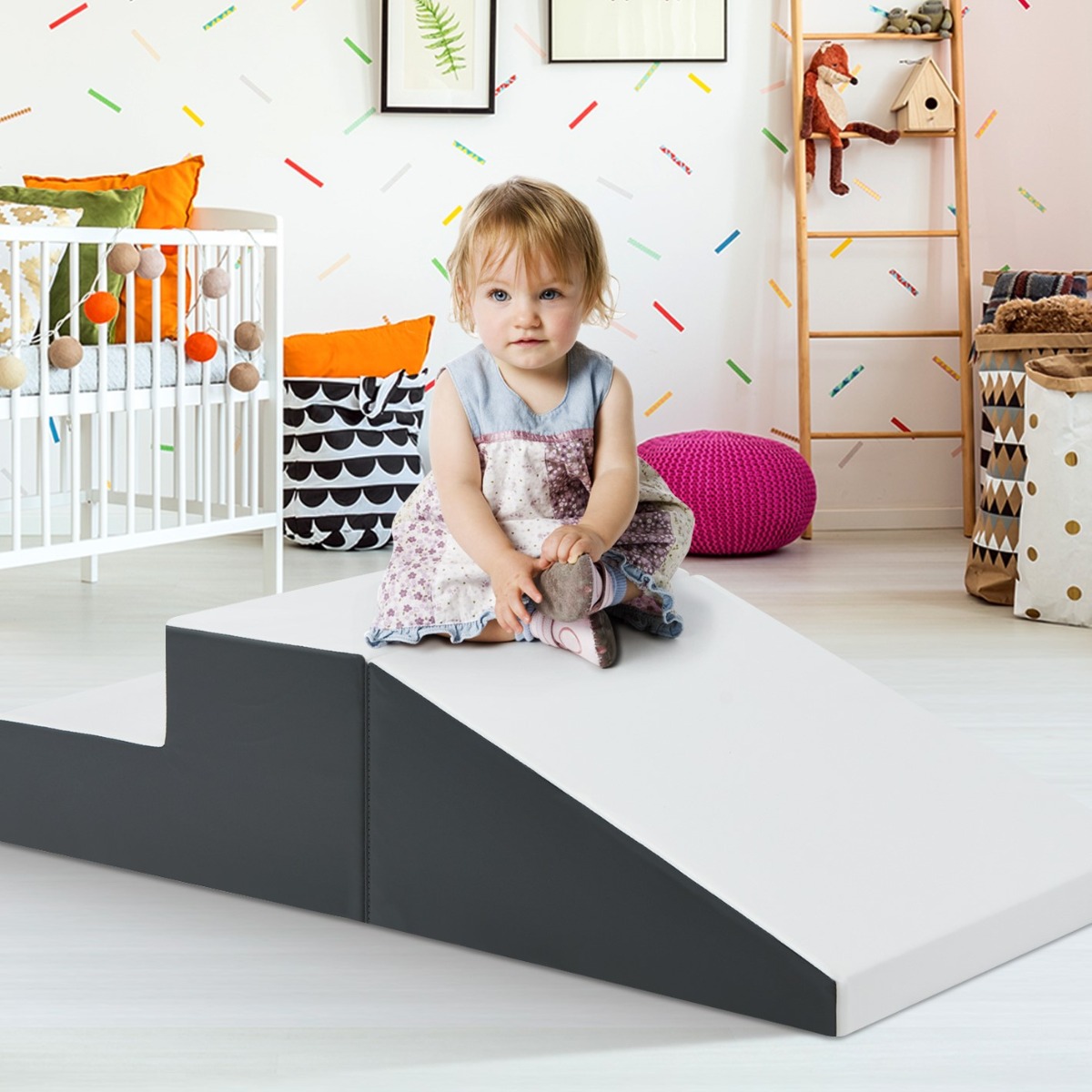 2TLG. Softbausteine Schaumstoff-Kleinkindertreppe & Rampenkletter-Spielzeug Weiß + Grau