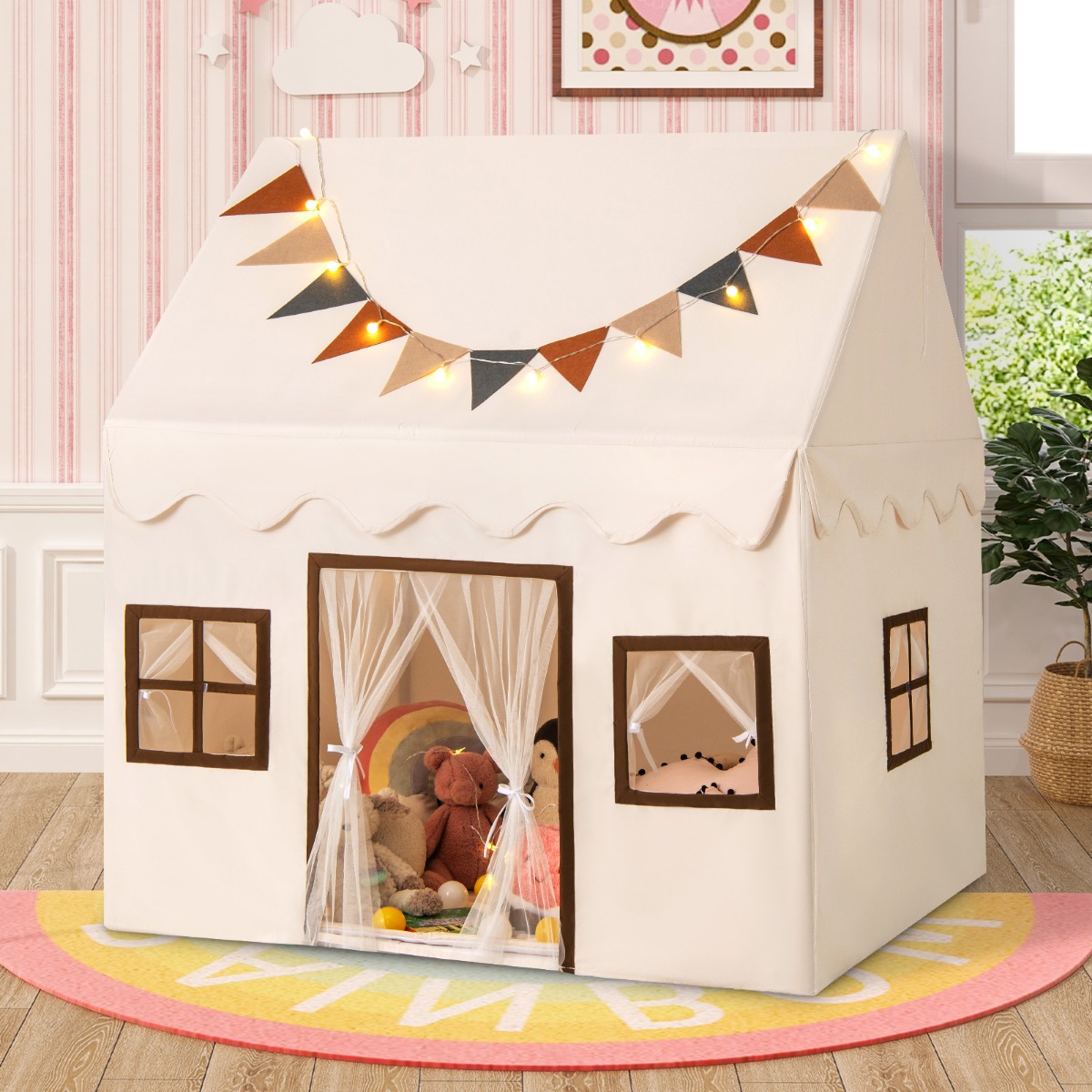 Spielhaus Kinder Indoor Kinderzelt mit Matte und Lichtern Spielzelt für Drinnen Beige