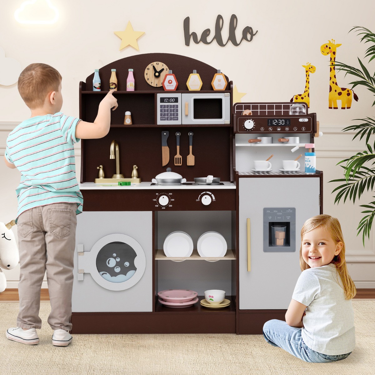 Kinderküche mit 27 Zubehör Spielküche Holz mit Uhr Mikrowelle Braun