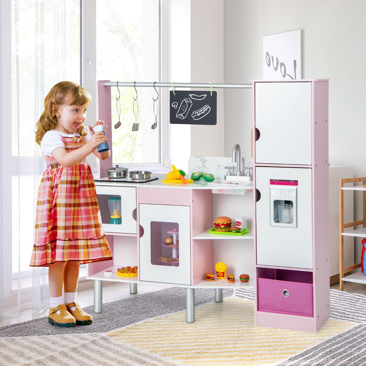 2 in 1 Kinderküche & Kaufladen mit Licht & Sound & 82 Zubehörteile & Tafel & Eismacher Spielküche