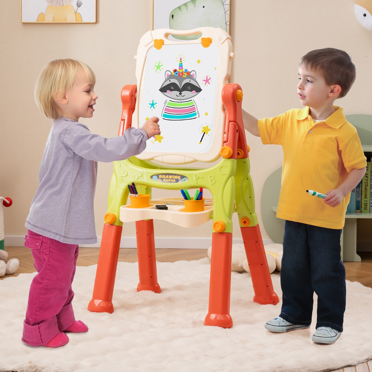 Kinder Doppelseitige Tafel mit Whiteboard & Kreidetafel Höhenverstellbare Kindertafel Standtafel Orange