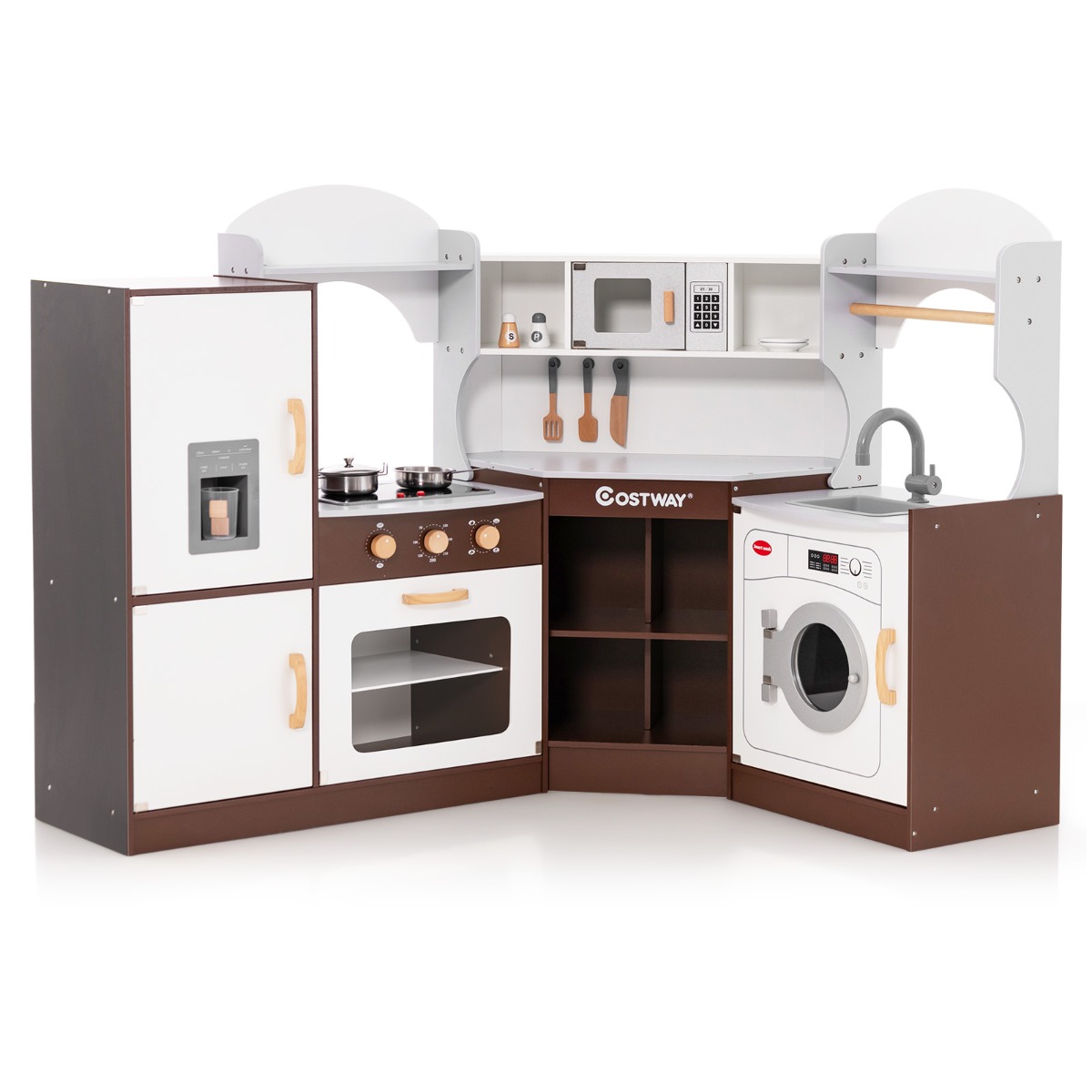Kinderküche aus Holz mit Sound- & Lichteffekten & Eismaschine & Mikrowelle Eckspielküche Braun
