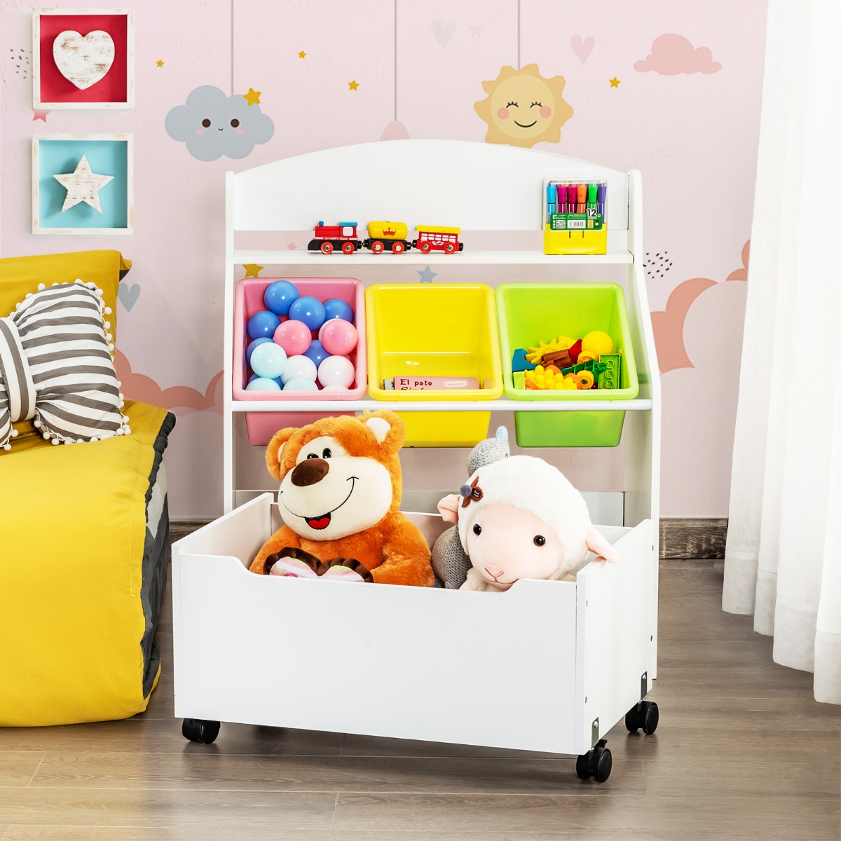 Spielzeugregal  Hölzerner Kinderschrank mit Rollen Bücherregal Spielzeugablage für Kinder Weiß