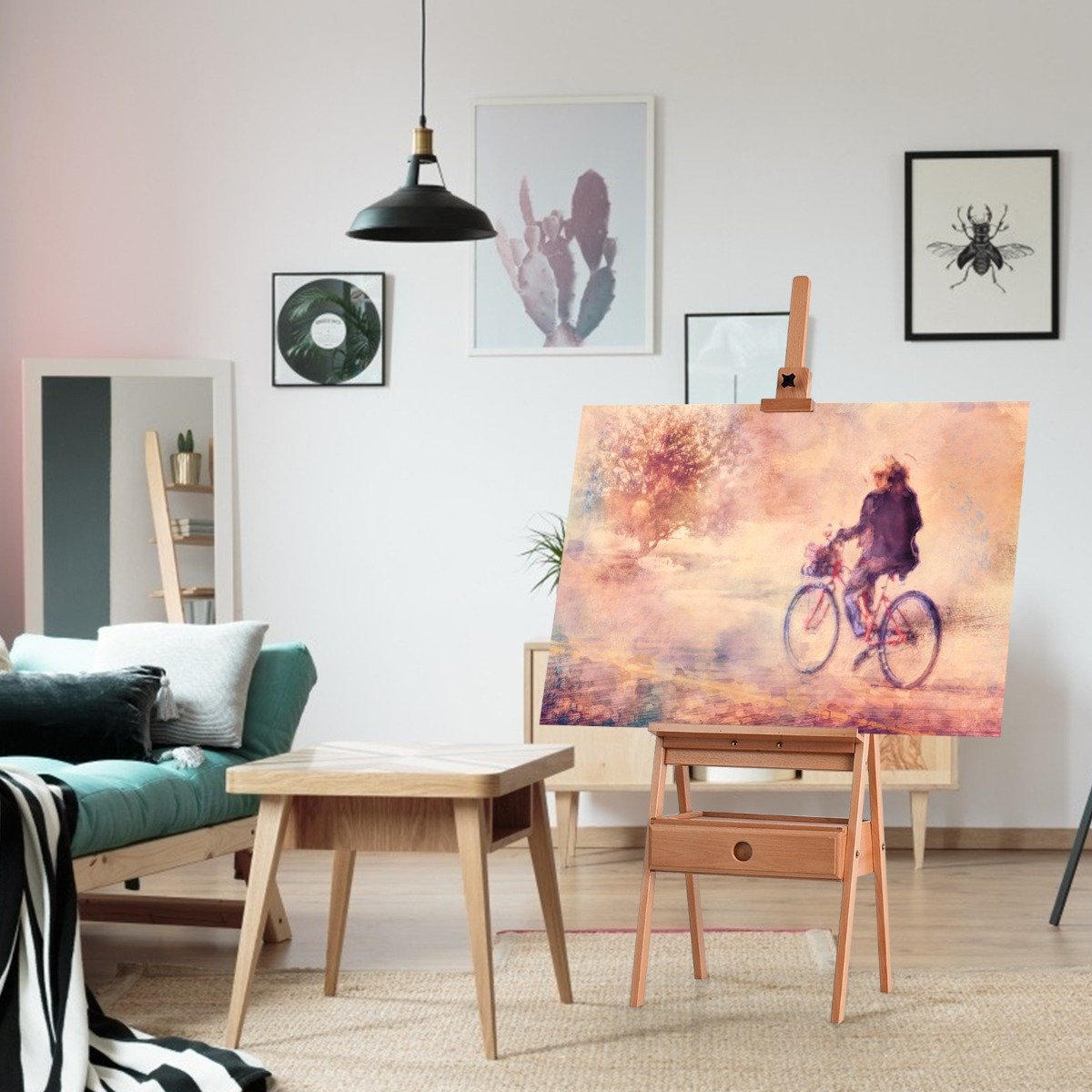 Künstlerstaffelei Bodenstaffelei mit Schublade aus Buchenholz Staffelei mit Ablage verstellbar Natur