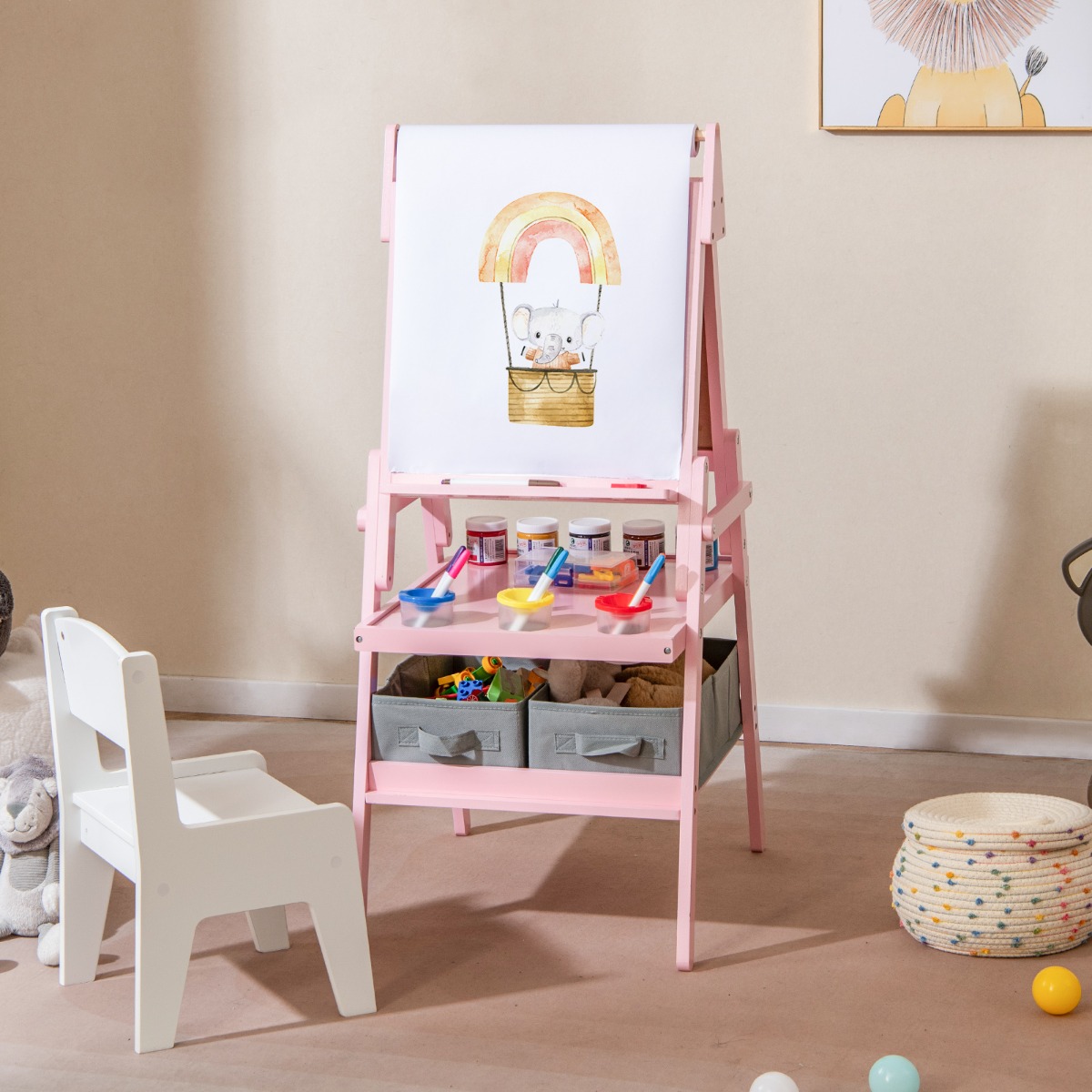 3 in 1 Kinder Tafel mit Papierrolle & magnetischer Kreidetafel & Whiteboard Doppelseitige Kindertafel Rosa