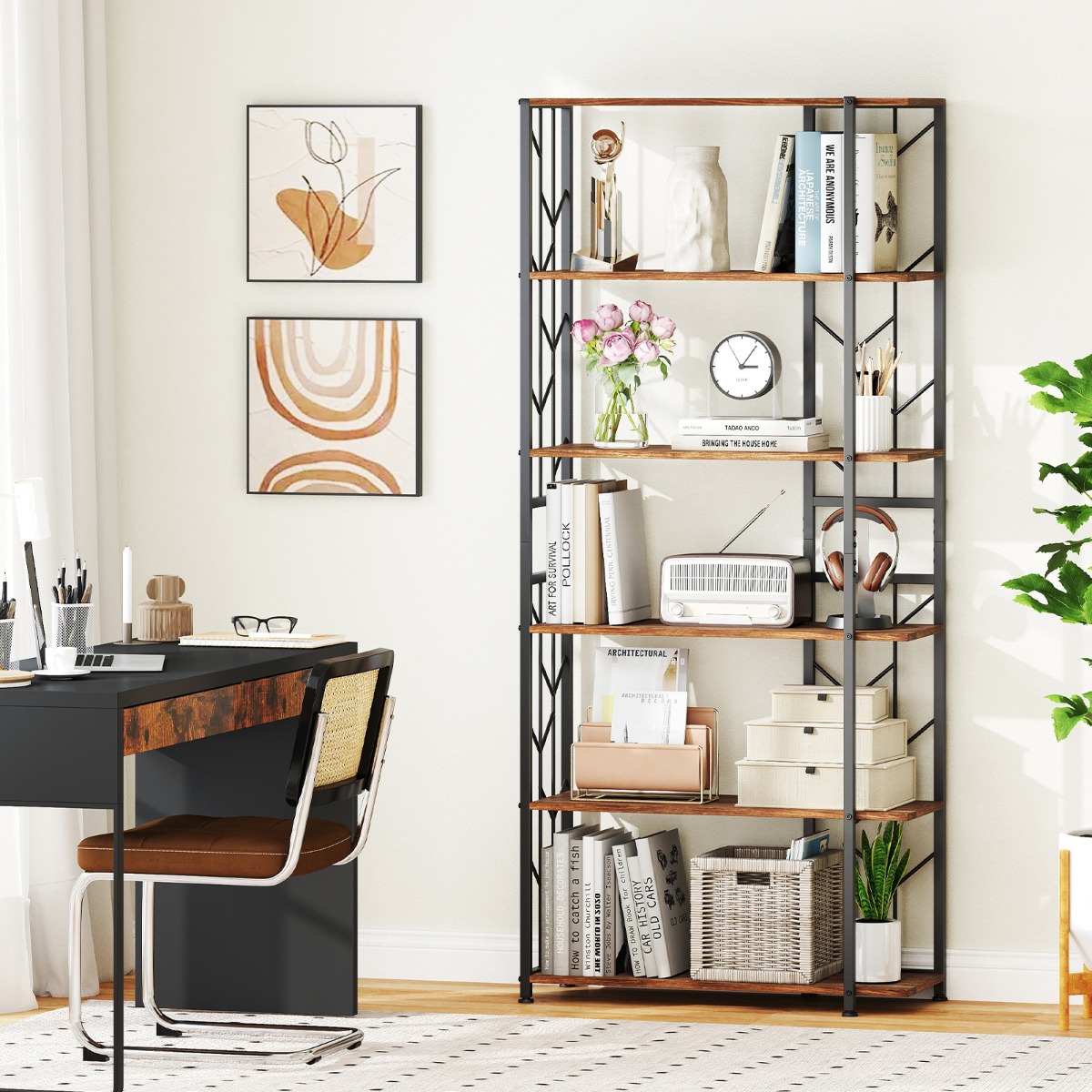 6 Stöckiges Standregal mit Metallrahmen Geometrisches Bücherregal Displayregal 80 x 31 x 180 cm Braun