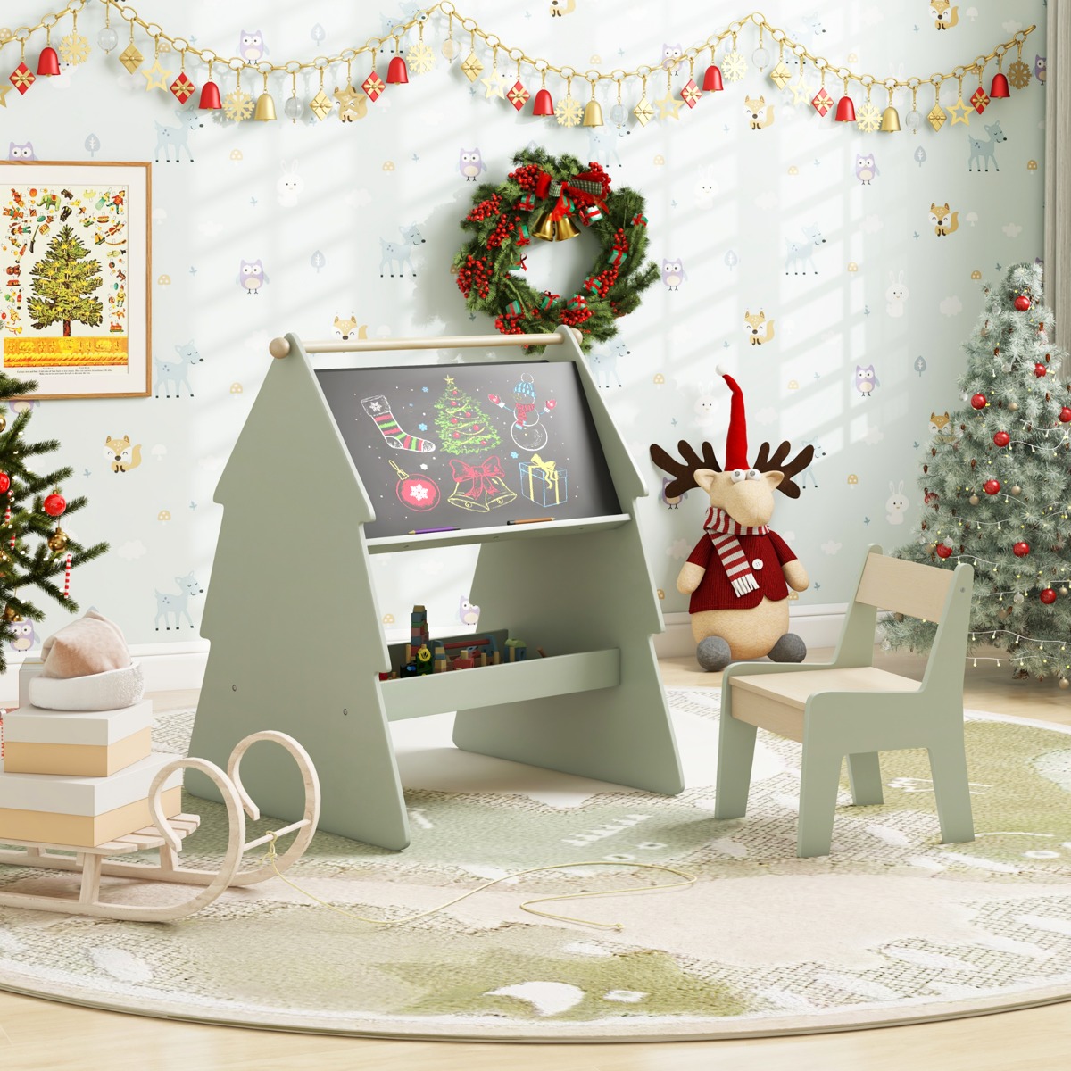 2 in 1 Kinder Staffelei mit Stuhl in Baumform Doppelseitige Standtafel mit Kreidetafel & Whiteboard