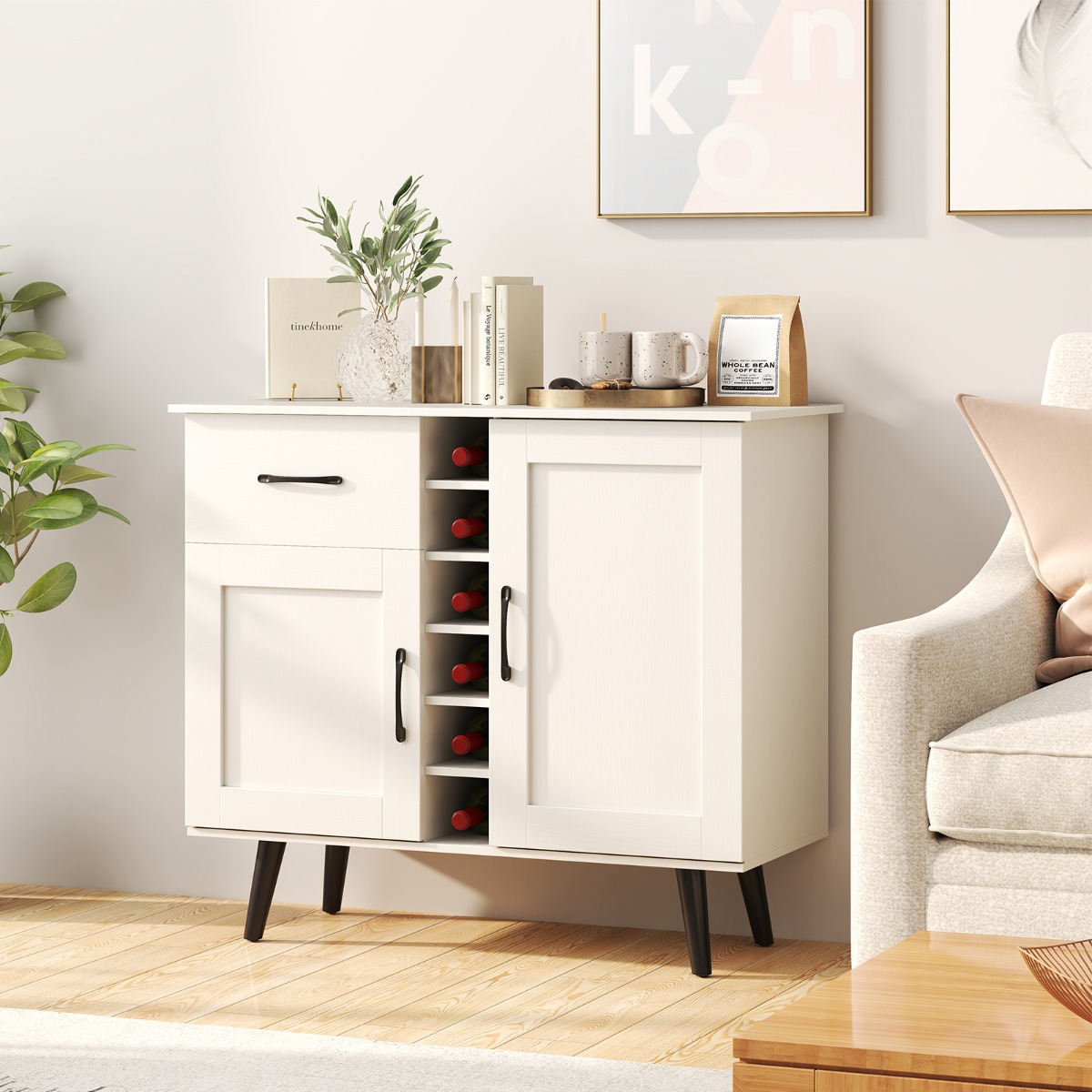 Sideboard mit 6-Flaschen Weinregal & Schublade & 2 Türen Moderner Weinbar Schrank Weiß