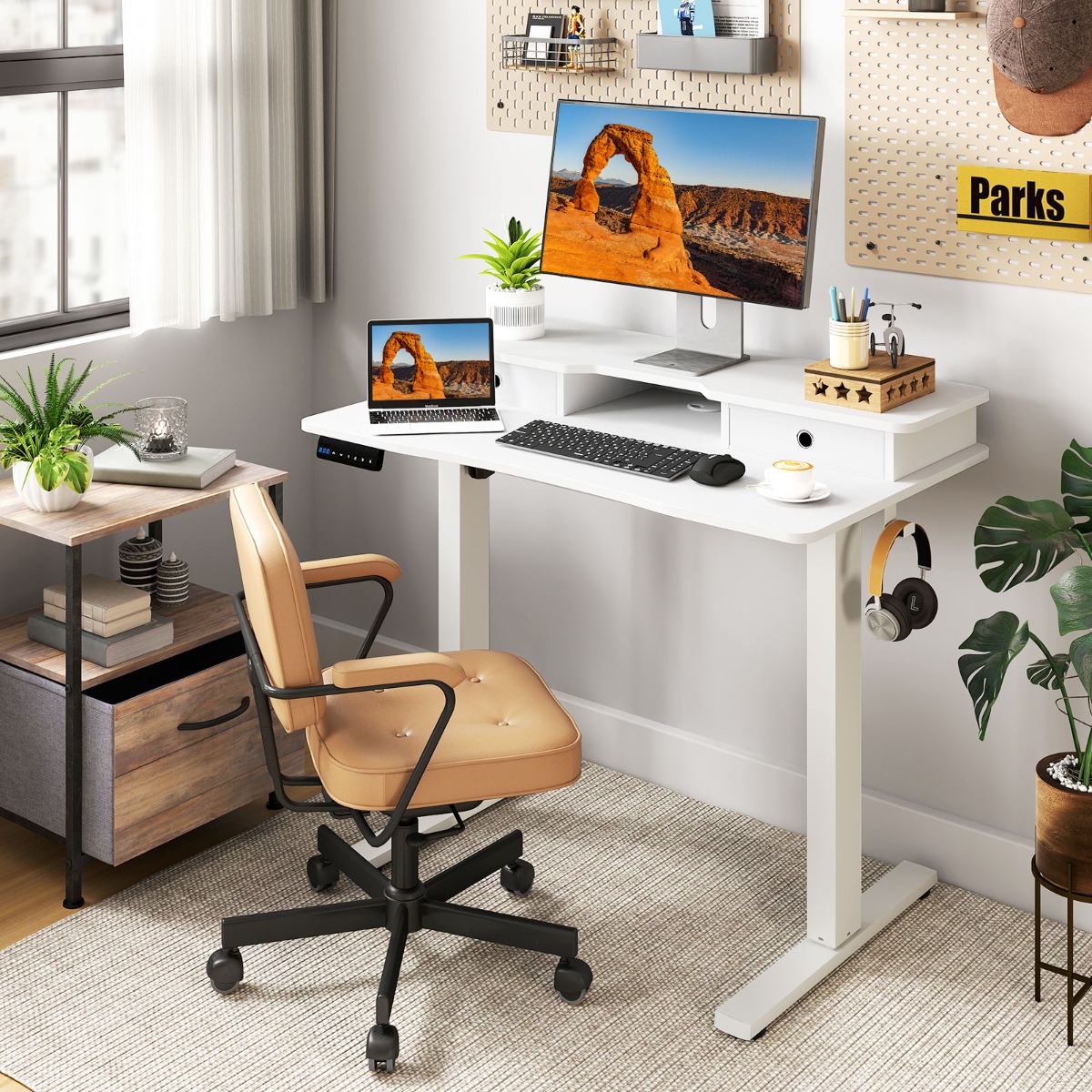 Höhenverstellbarer Schreibtisch mit Monitorständer & Schubladen & 2 Haken Computertisch Weiß