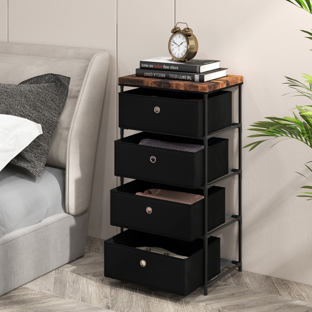 Nachttisch mit Stoffschubladen & Metallrahmen Beistelltisch Aufbewahrungsschrank Schwarz
