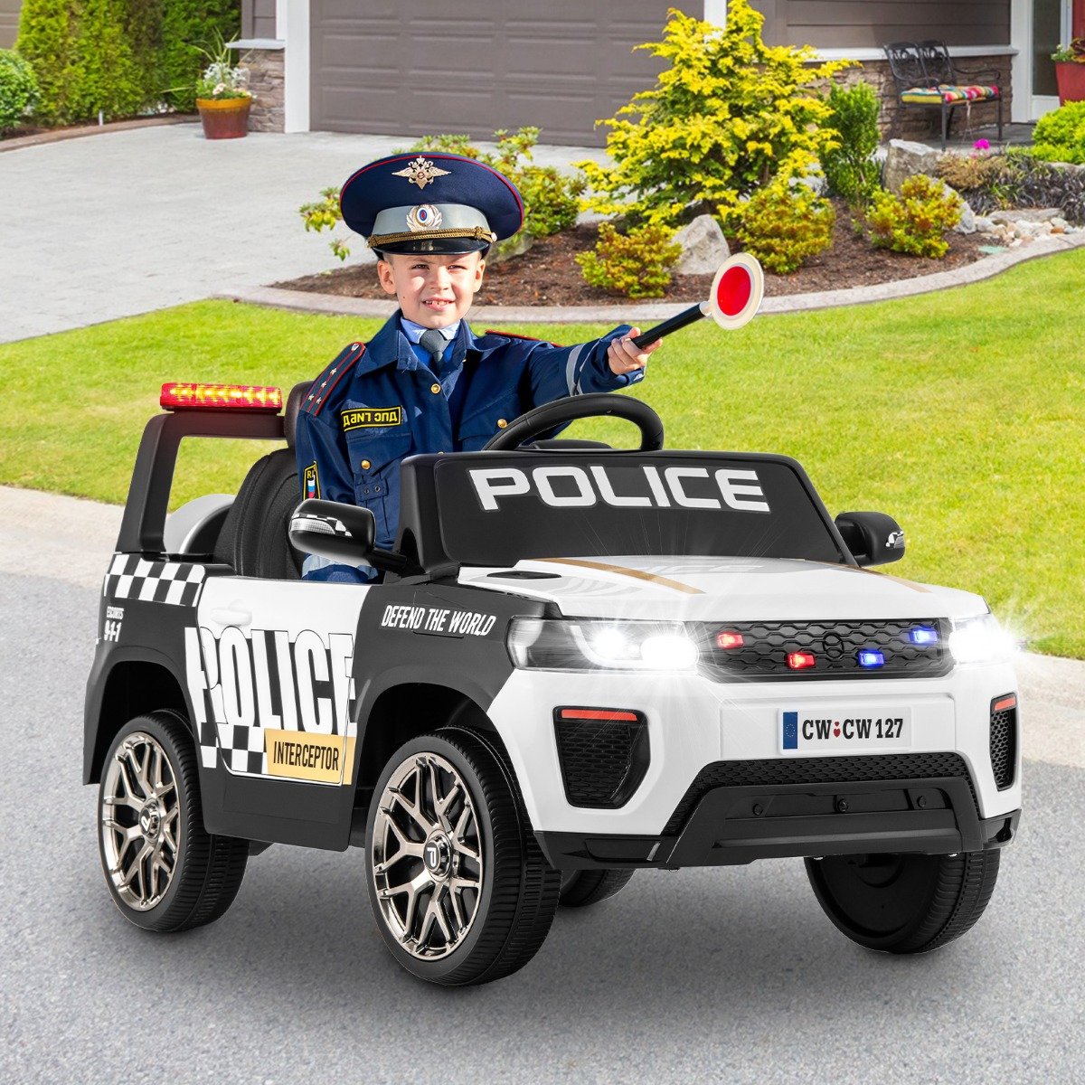 12V Kinder Elektroauto Polizei Elektrisches Kinderauto mit Fernbedienung Elektro Auto für Kinder ab 3 Jahren Weiß
