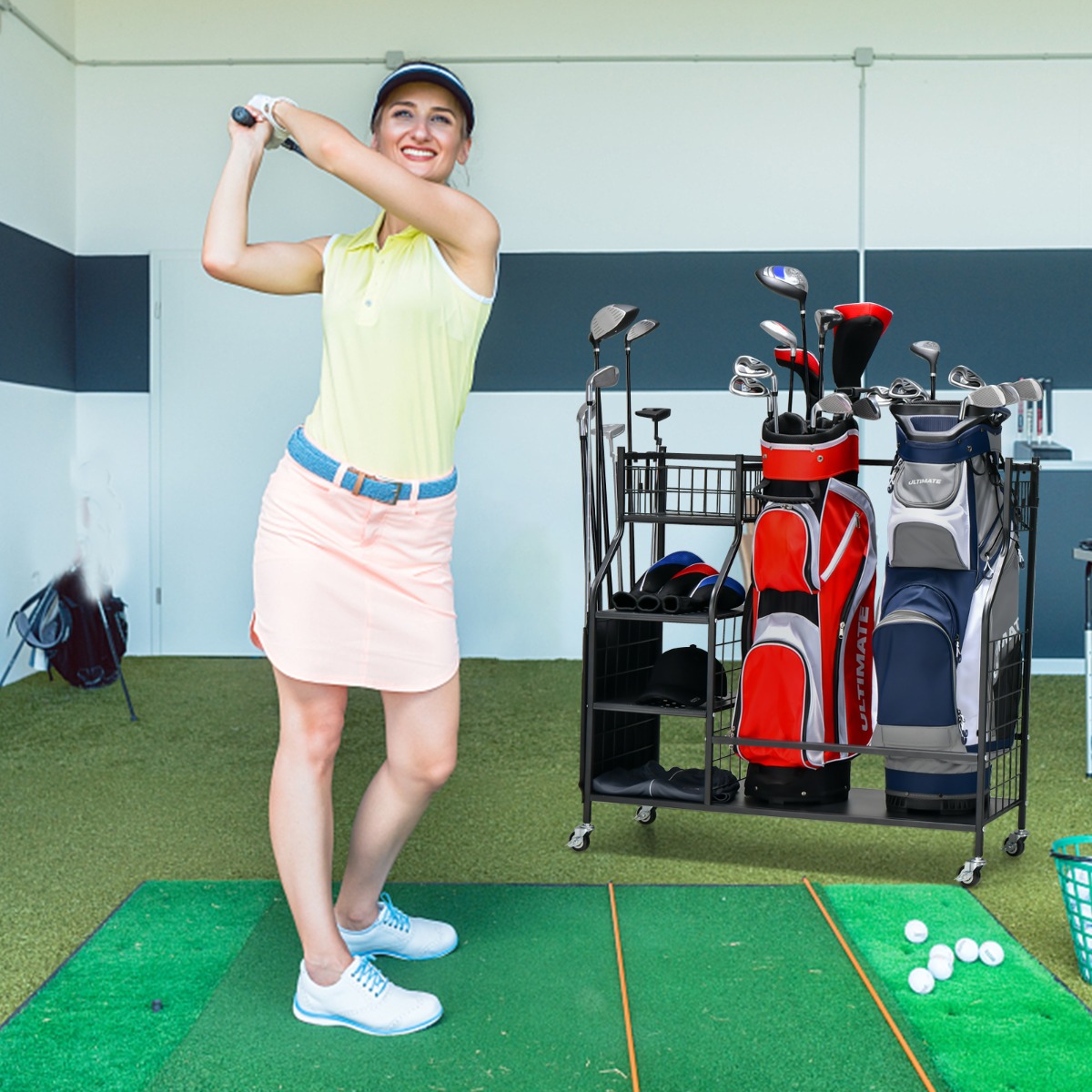 Golftaschenständer für die Garage Wagen für Golfausrüstung Golftaschenregal mit Schlägerhalter