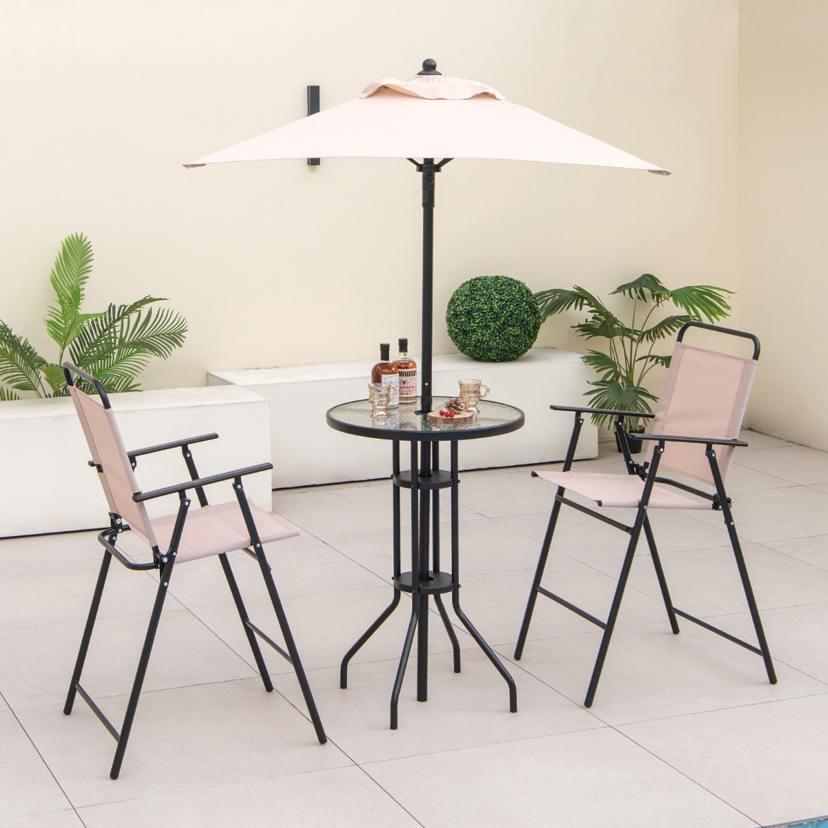 4 tlg. Outdoor Bar-Set Runder Bartisch mit 2 Klappbaren Barhockern & Sonnenschirm Beige
