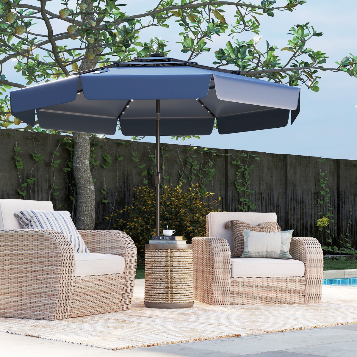 300 cm Sonnenschirm mit LED-Beleuchtung Beidseitig um 35° Knickbarer Gartenschirm Dunkelblau