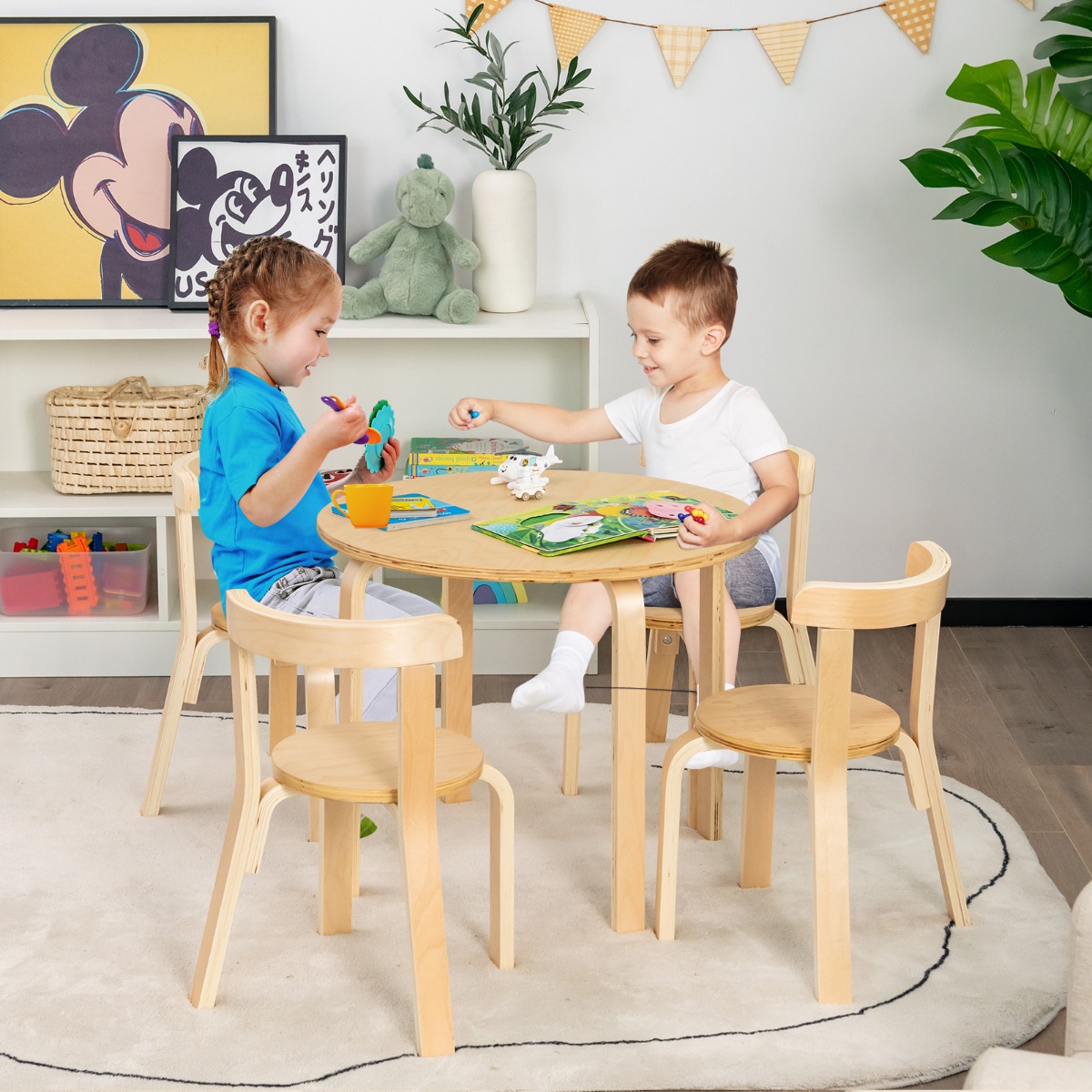 Kindertisch Holztisch mit 4 Stühlen für Kinder Kindertisch- und Stuhl-Set mit Rückenlehne Natur