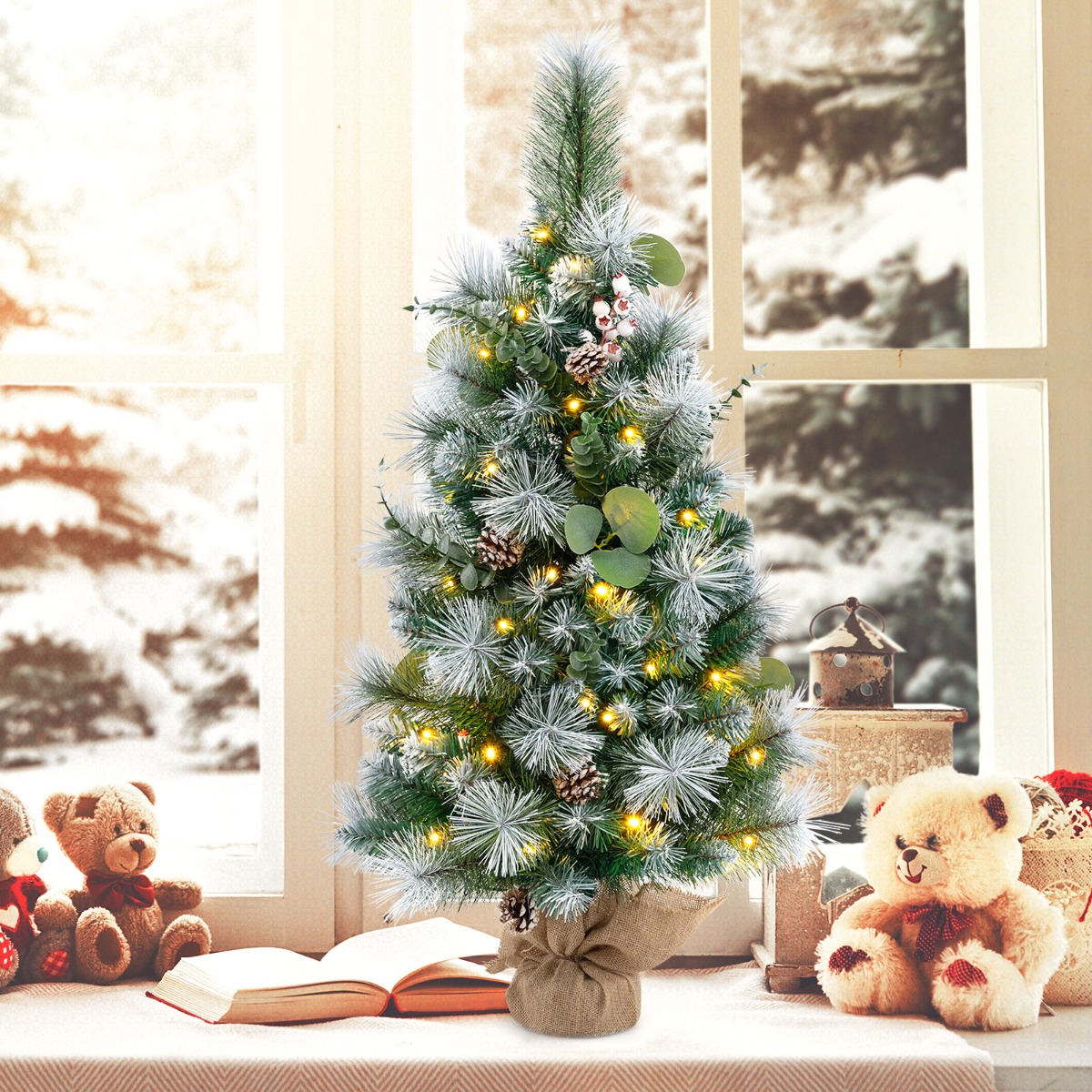 90 cm Künstlicher Weihnachtsbaum mit Beleuchtung & 30 Warmweißen LED Lichtern & Timer